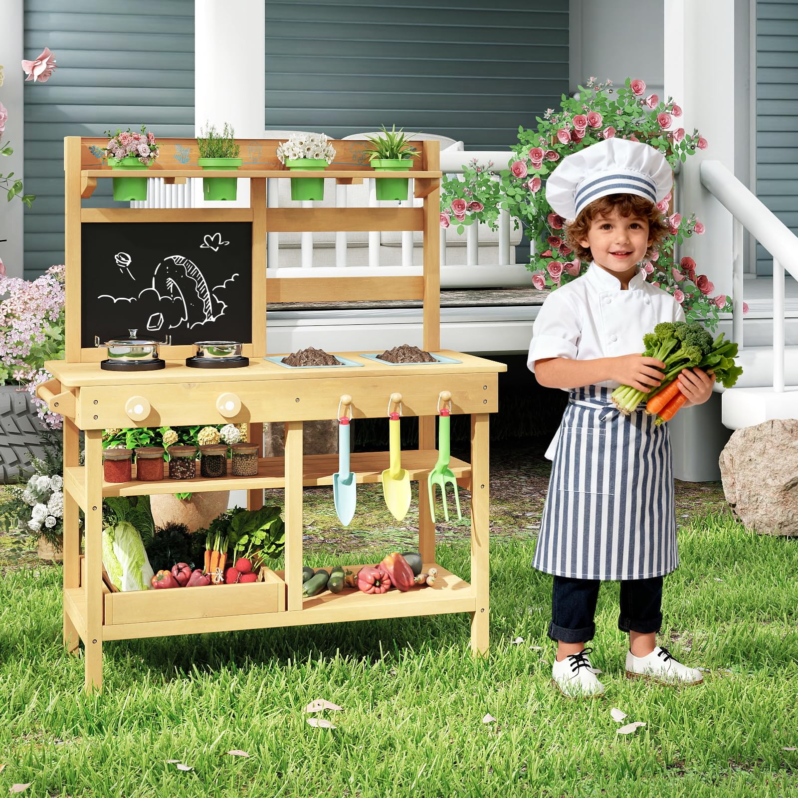 COSTWAY Matschküche Kinder Outdoor, Kinderküche mit Tafel, Wasserhahn, Spülen, Blumentöpfen & Gartenzubehör, Garten Spielküche Holz, Outdoorküche für Kinder ab 3 Jahren