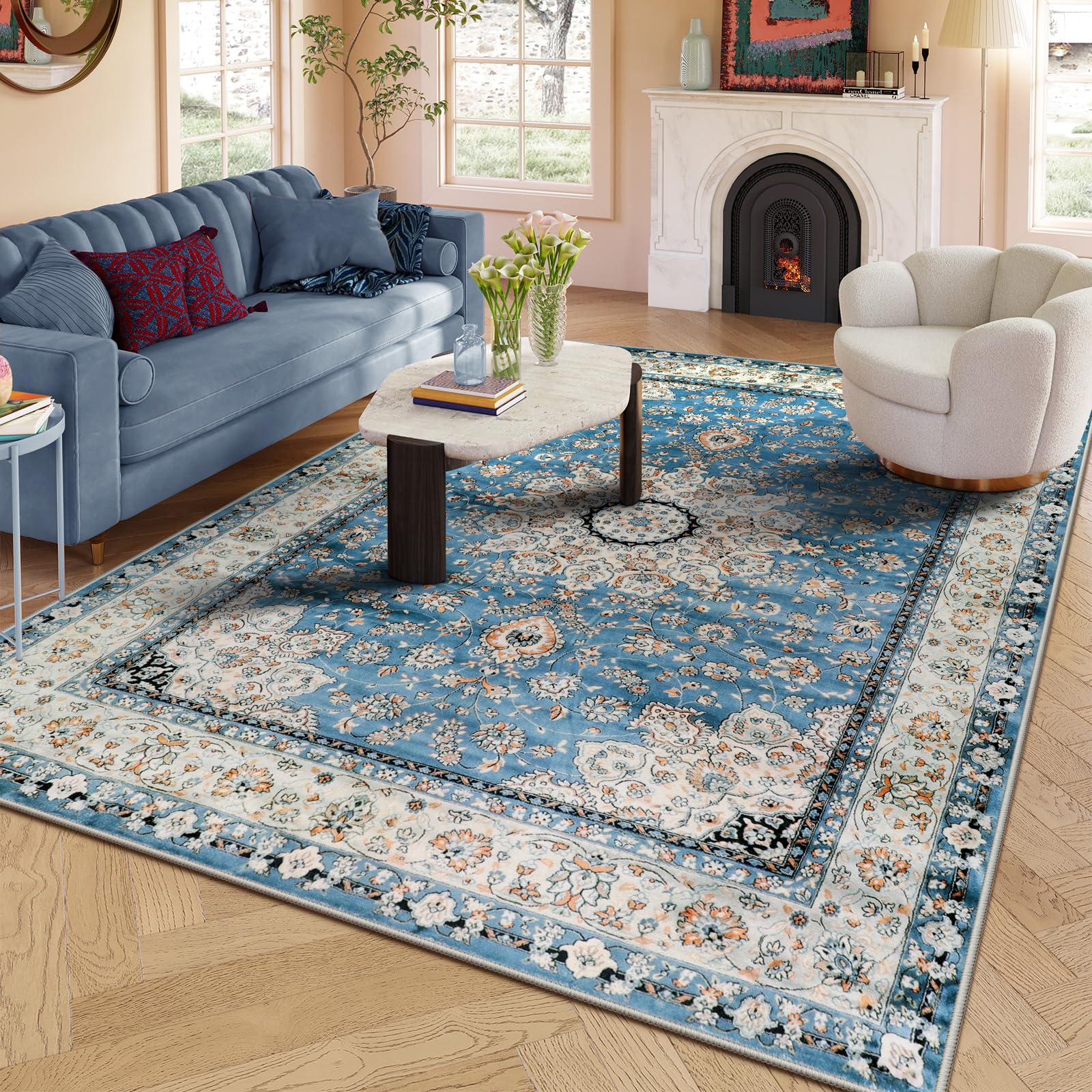 Lahome Oriental Flower Medallion Rug - 20.3 x 25.4 cm, Soft Large Rugs for Bedroom, Aesthetic, Dining Room, Vintage Print, Non-Slip, Low Pile, Cave Office, Blue