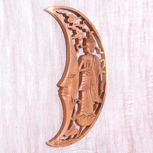 Miniatura 3 de NOVICA Panel de relieve de madera tallada a mano artesanal de Buda en luna creciente marrón, Indonesia, paneles de decoración de pared, budismo y