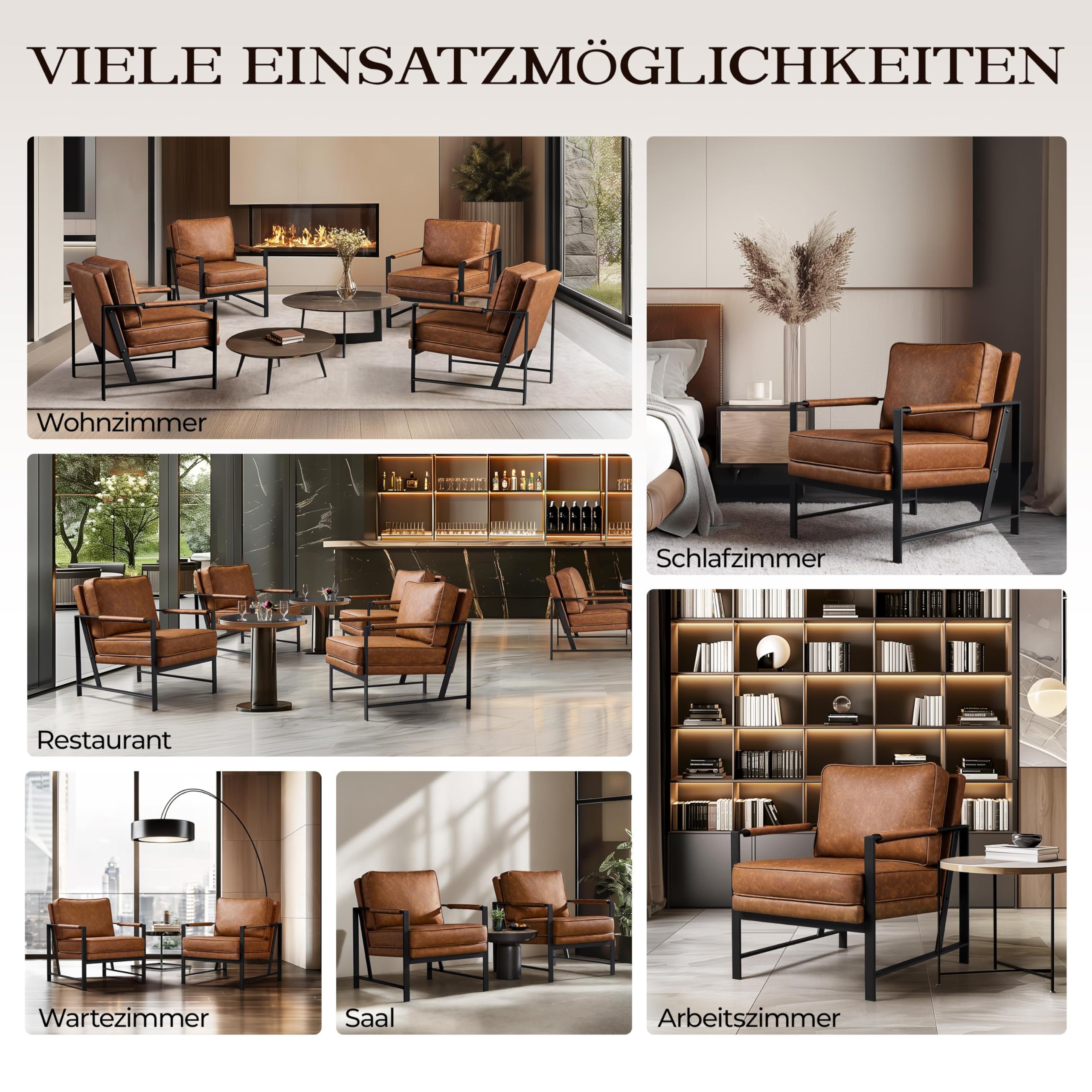 Yaheetech Retro Sessel Stuhl Lehnstuhl Relaxsessel mit Rückenlehne Einzelsessel mit Metallrahmen und Kunstleder, Hellbraun