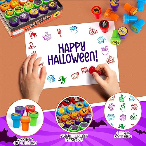 Miniatura 4 de ArtCreativity Sellos de Halloween para niños, paquete de 25 sellos espeluznantes preentintados surtidos, lo mejor para recuerdos de fiesta, rellenos