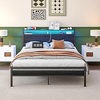 Vista 10 de BOFENG Base de cama individual con cabecera de almacenamiento/estación de carga USB, marco de cama de plataforma de metal resistente, tamaño Marrón