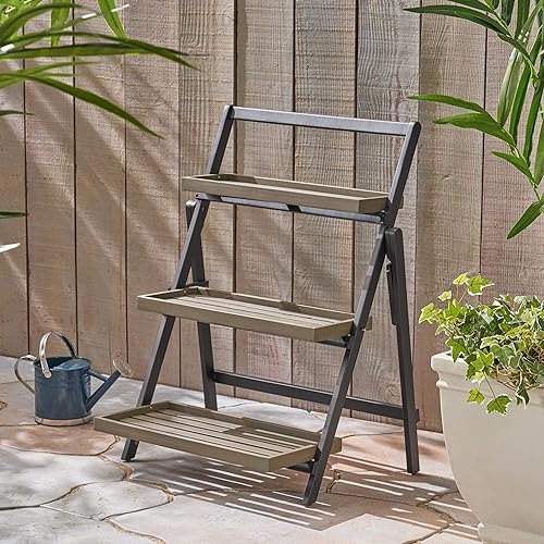 Miniatura 4 de Christopher Knight Home Mesbin - Soporte para macetas de madera de acacia para exteriores, color negro y gris