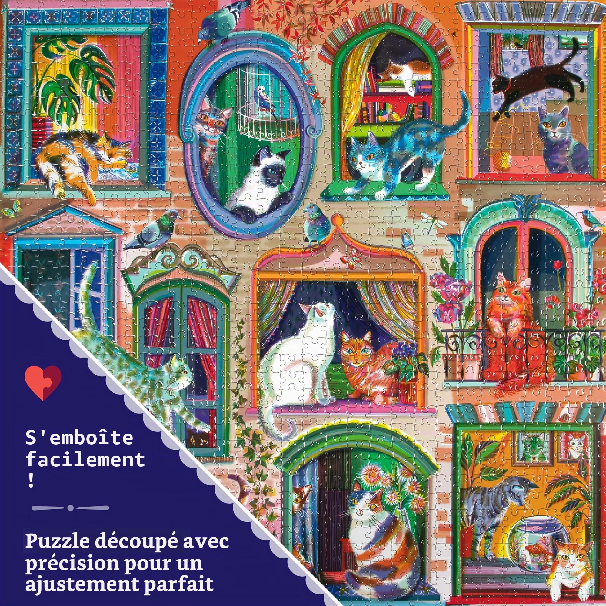 eeBoo Cats in Windows pièces en Carton recyclé-Puzzle Coloré 1000 pièces-58.5 cm De Côté, PZTCIW