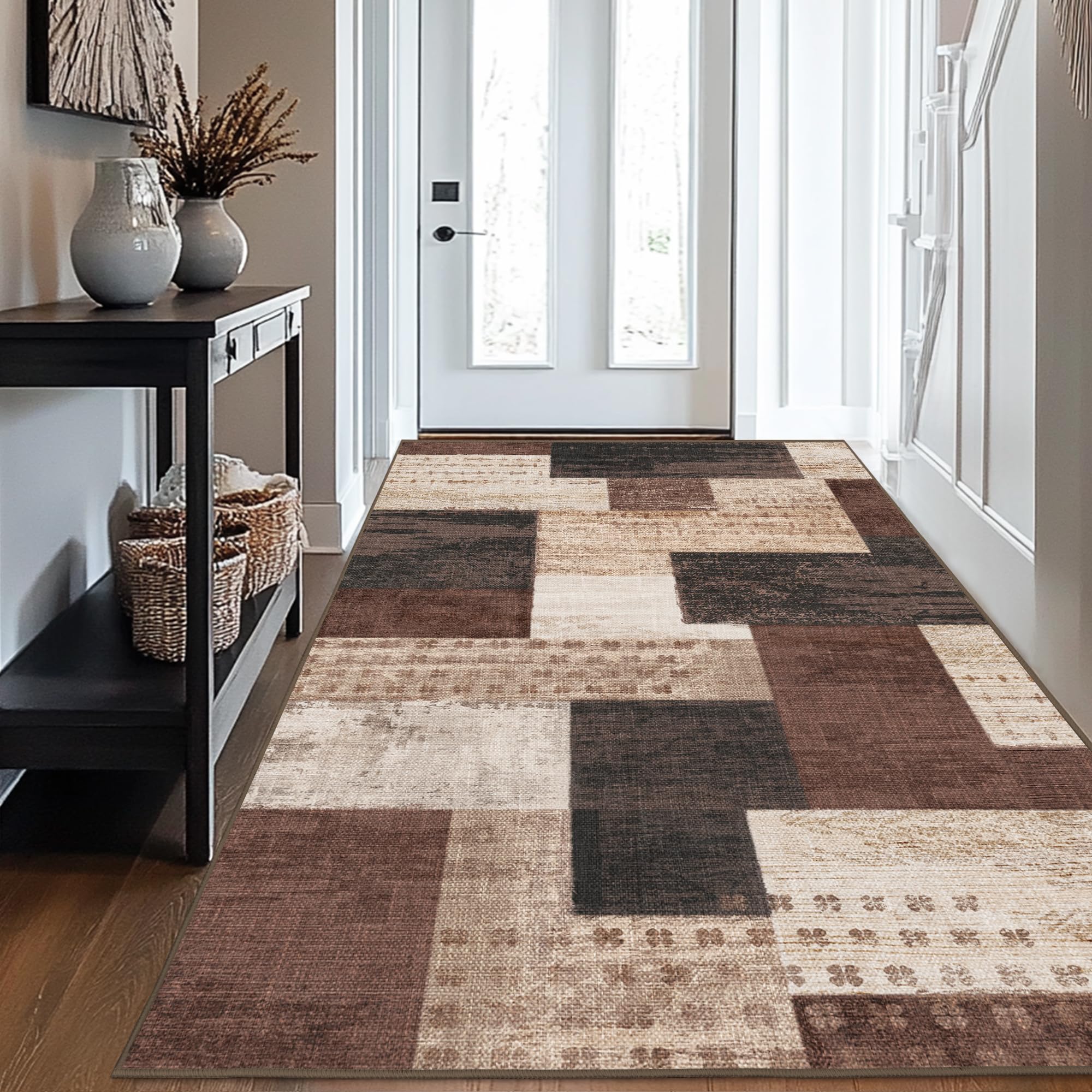 Moderne Geometrische Patchwork Indoor Wohnzimmer Teppich, Schokolade 160x230 cm Große Teppiche Rockwood Sammlung Böden Dekor für Schlafzimmer, Braun Weich Kurzflor Waschbar Teppich Gegend