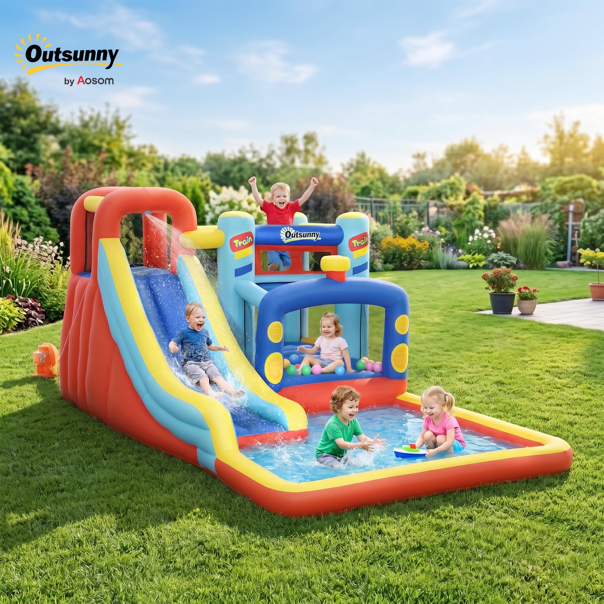 Outsunny Castello Gonfiabile 4 in 1 per Bambini 3-8 Anni, 435x245x200cm