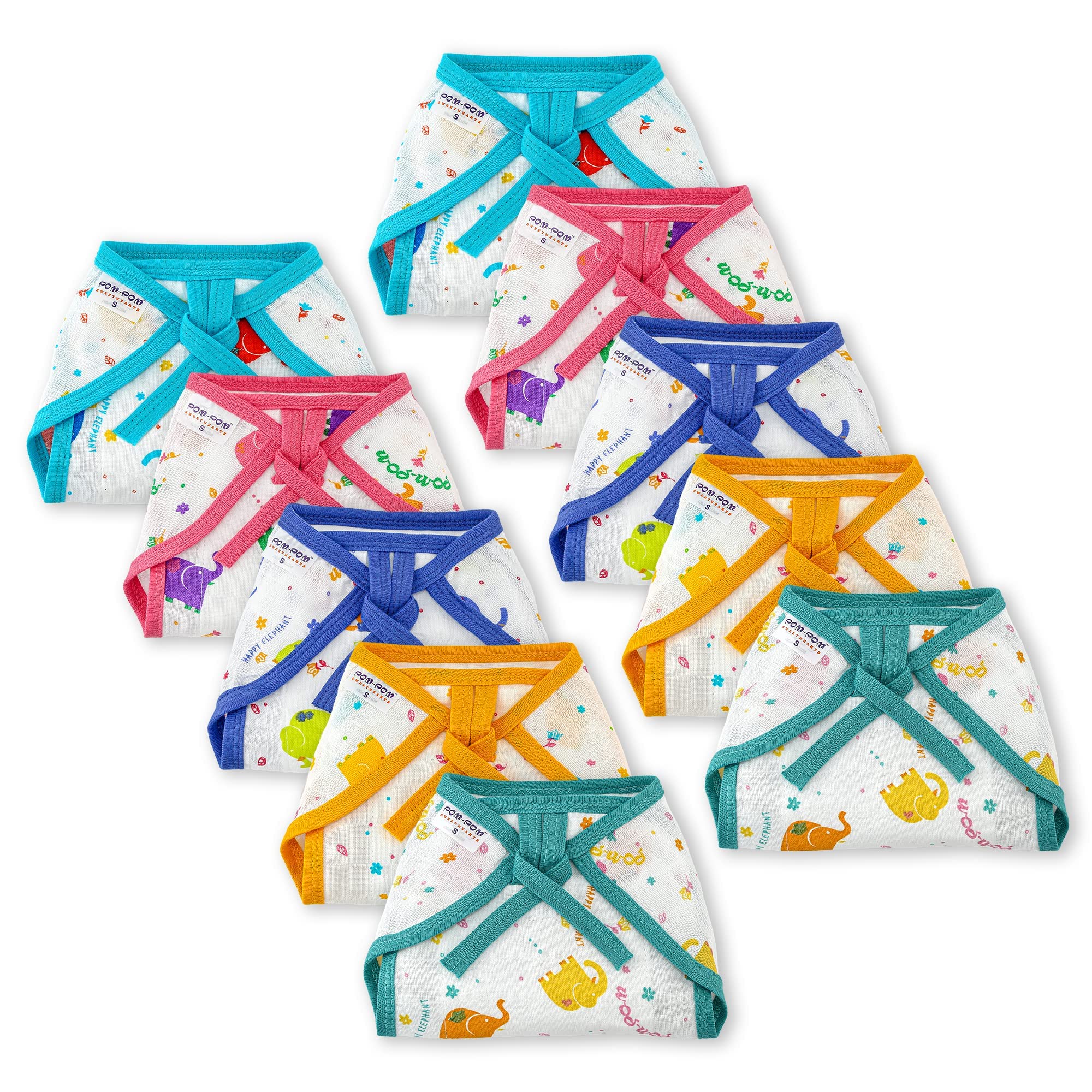 Pom Pom Sweethearts Tie up Nappy For Babies, Reusable, Washable Soft Muslin Cotton Nappy/Langot for New Born Baby | Gentle on Baby Skin | Helps in Potty Training | 3-6 months | Pack of 10 | Printed-image-7
