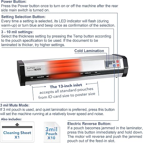 Miniatura 7 de SINCHI Máquina laminadora comercial calentamiento ultrarrápido de 2 minutos, carcasa de aluminio de alta calidad, velocidad mínima de 81 pulgadas (9