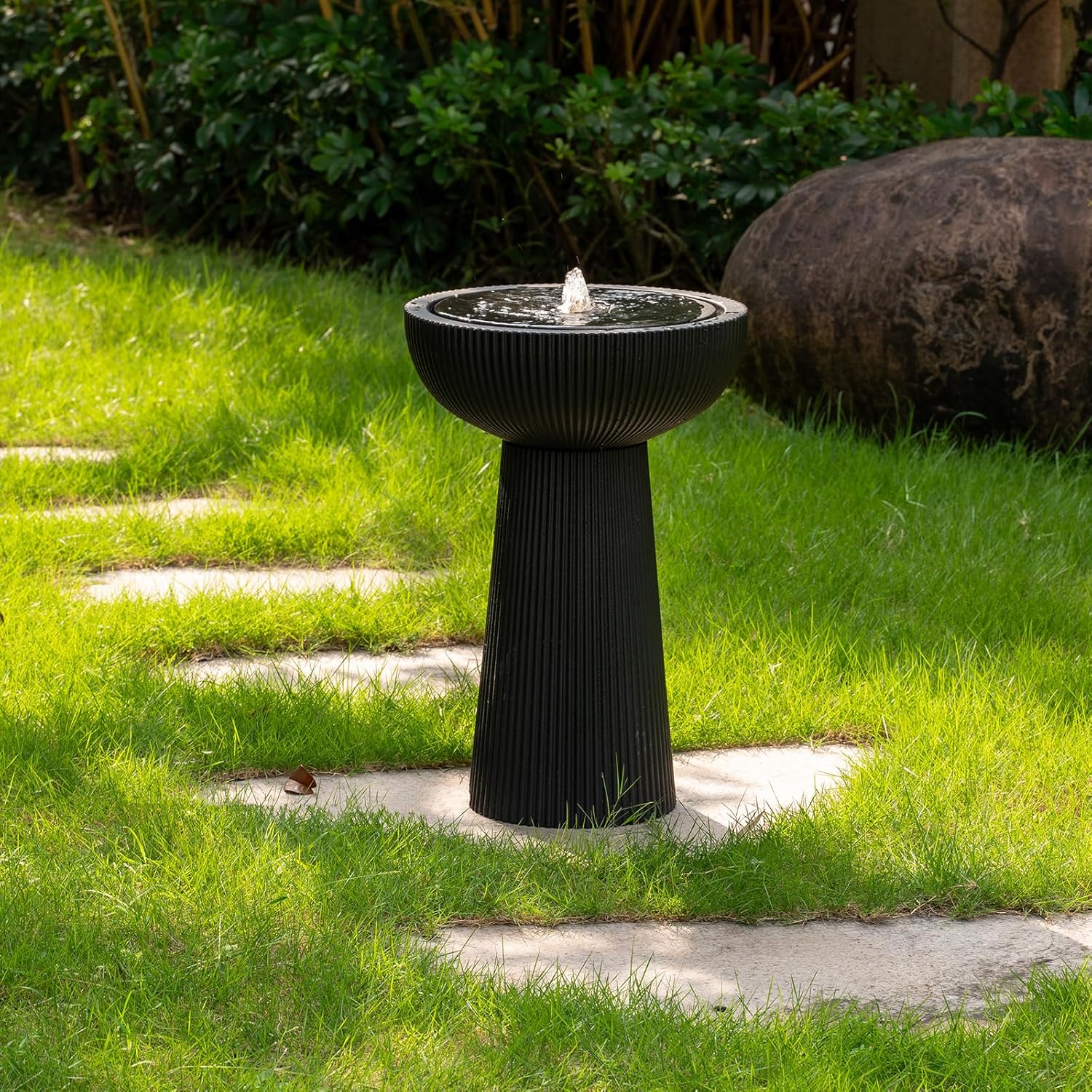 23.23" H Outdoor Water Fountain Made with Eco-Friendly Recyclable Materials, Polyethylene Bird Bath Bubbler Water Fountain Outdoor, Garden Decor with LED Light & Pump for Patio (Black)