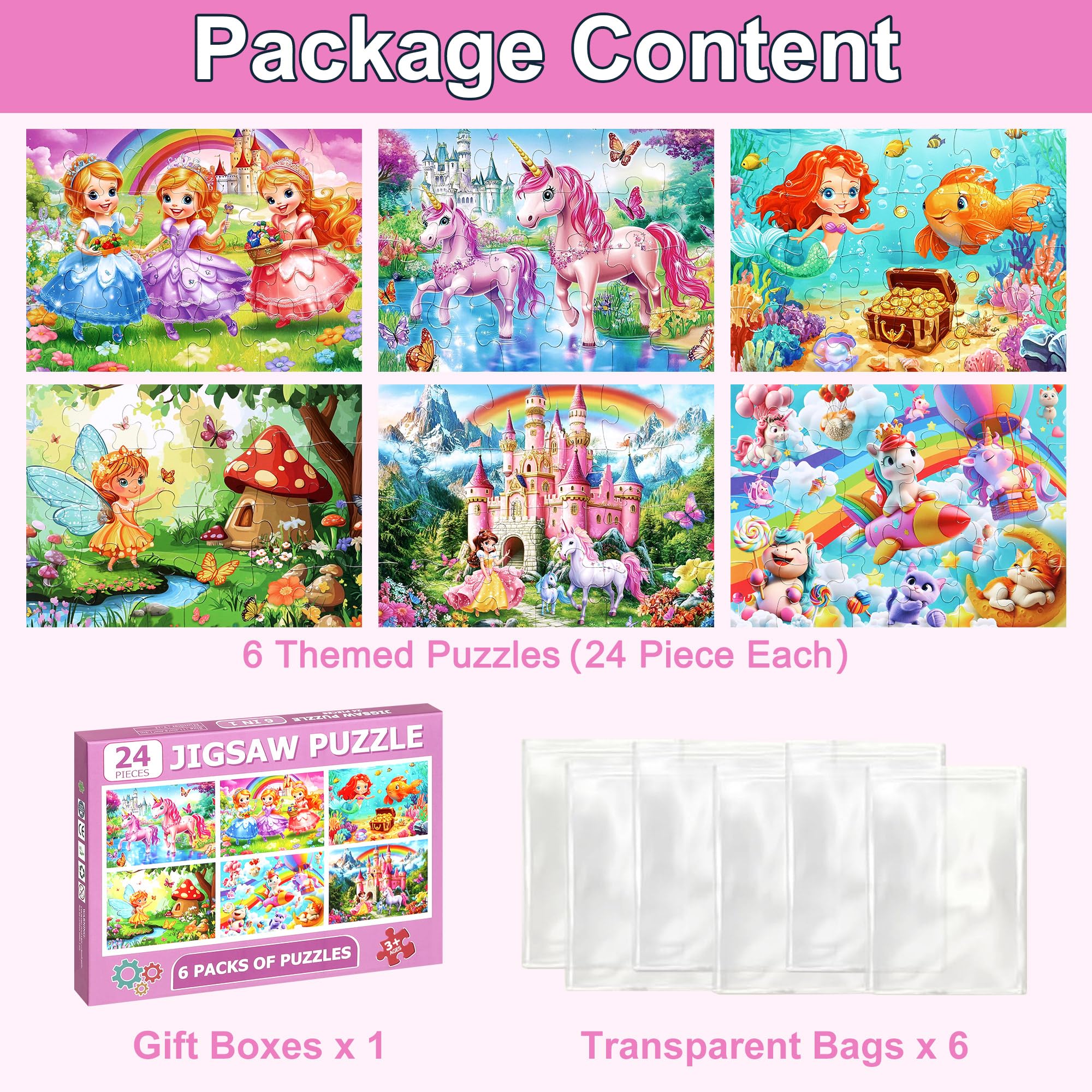 MZZOTOY 6 Puzzles für Kinder im Alter von 4-6 Jahren, 24 Puzzleteile Prinzessin und Einhorn für Kinder von 3-5 Jahren, 4-8, Lernspielzeug für Vorschule