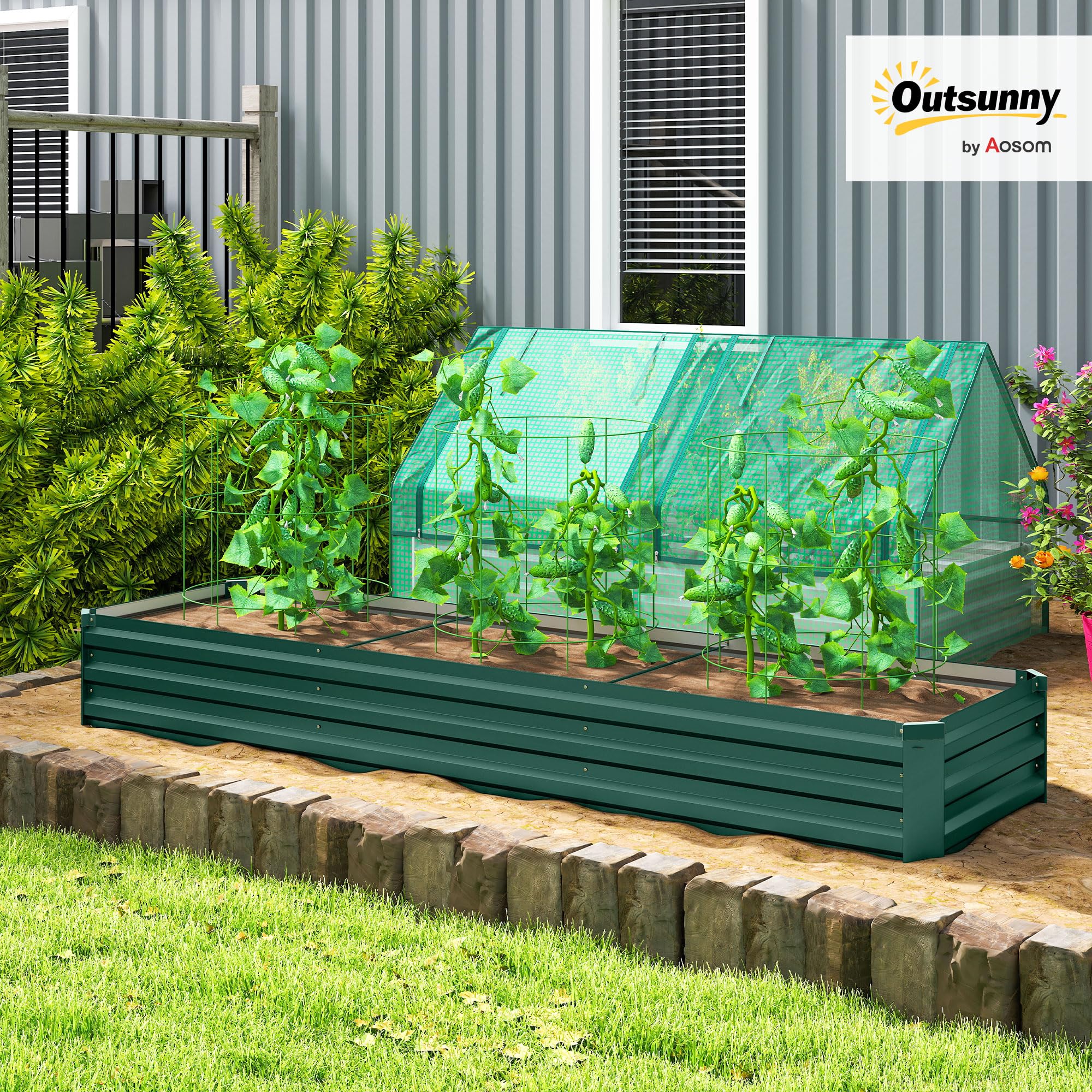 Outsunny Carré Potager Rectangulaire Acier Galvanisé 240x60x30cm Vert | Lit de Jardin Surélevé, Fond Ouvert, Jardinière avec Coins de Protection