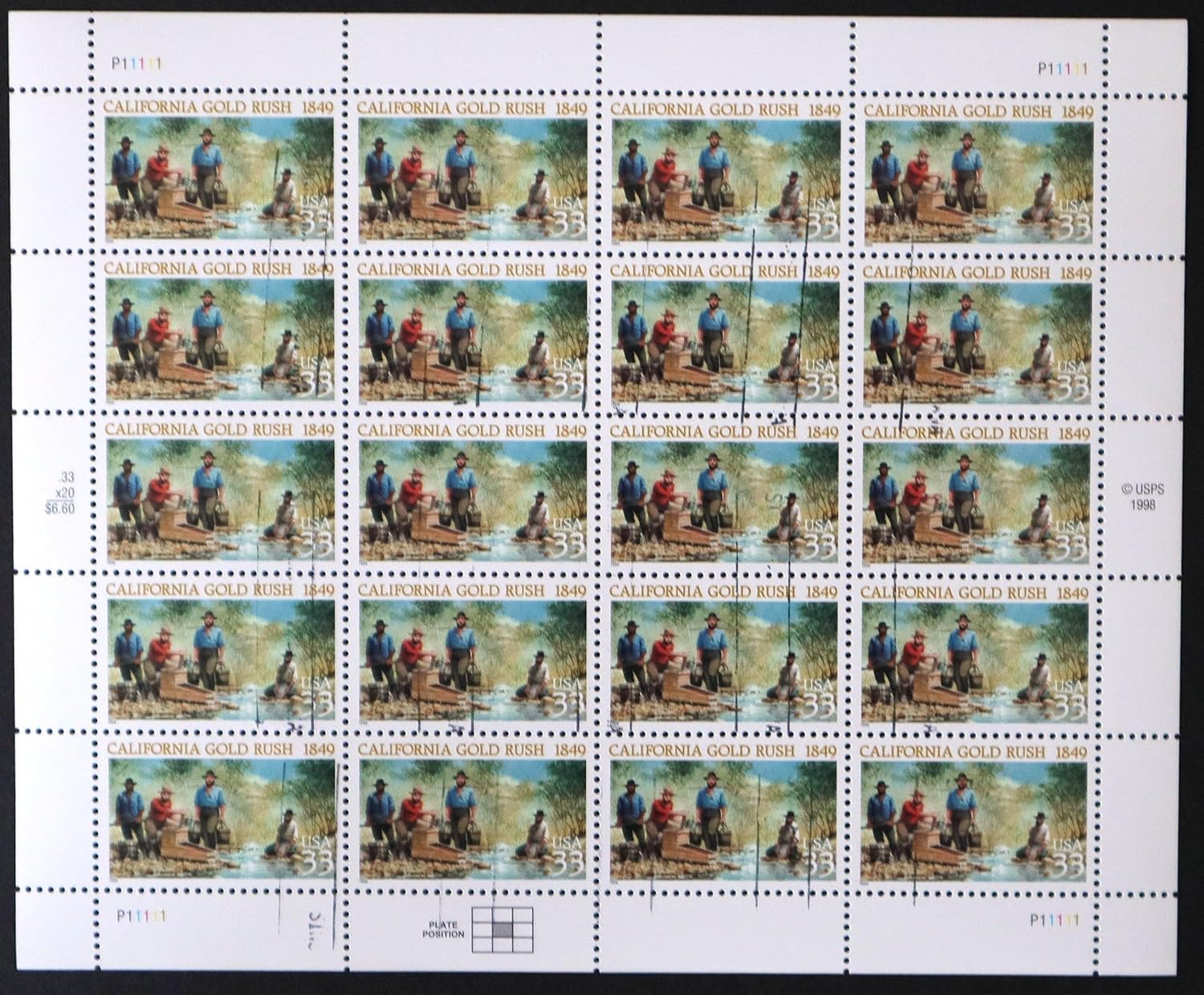 California Gold Rush 1849 20 x 33 cent U.S. Postage Sta