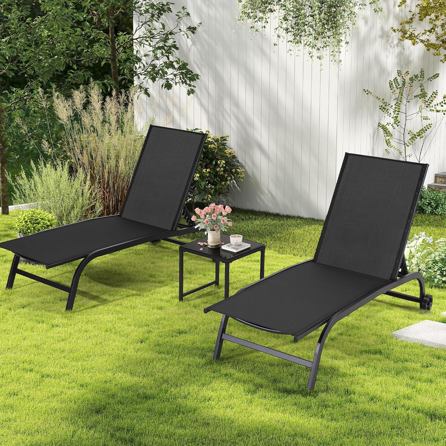 Patio Chaise Lounge Chair with Wheels, Set of 2 Outdoor Lounge Chairs with Table and Adjustable Backrest, Waterproof Poolside Lounge Chairs