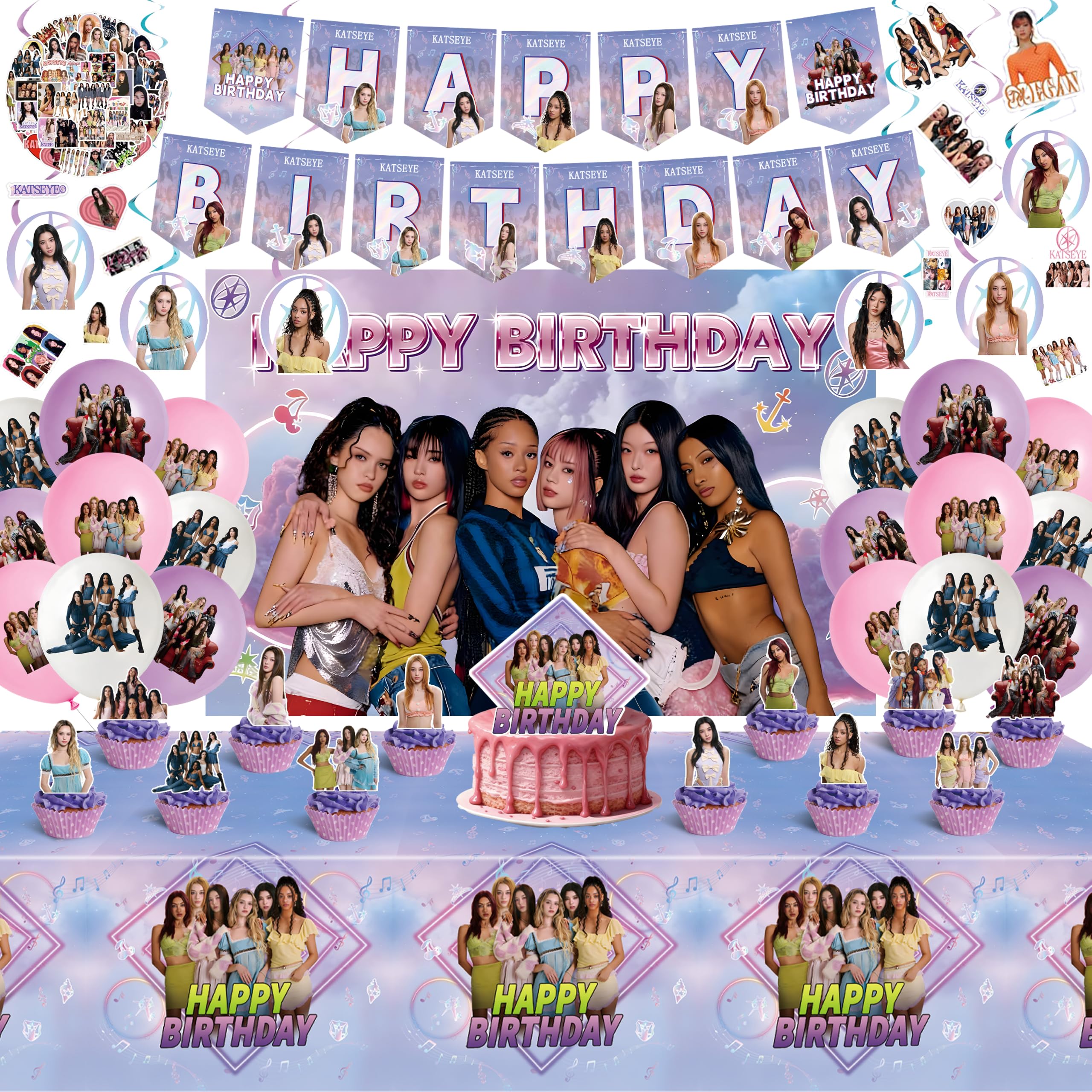 Photo 1 of ULK 106 Pcs Katseye Birthday Decorations, Party Supplies Set Including 60 Stickers?Backdrop?Balloons?Hanging Swirls, Cake Toppers And Cupcake Toppers For Fans Birthday Party