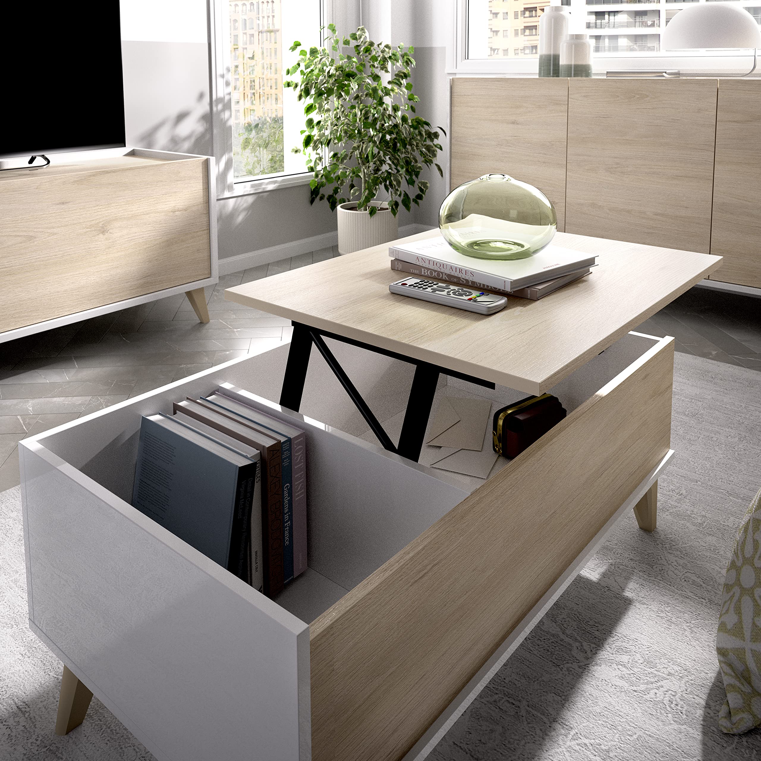 DEKIT GRUPO RIMOBEL Ness - Table Basse relevable Ness - Blanc/Naturel - 41 x 99 x 60 cm
