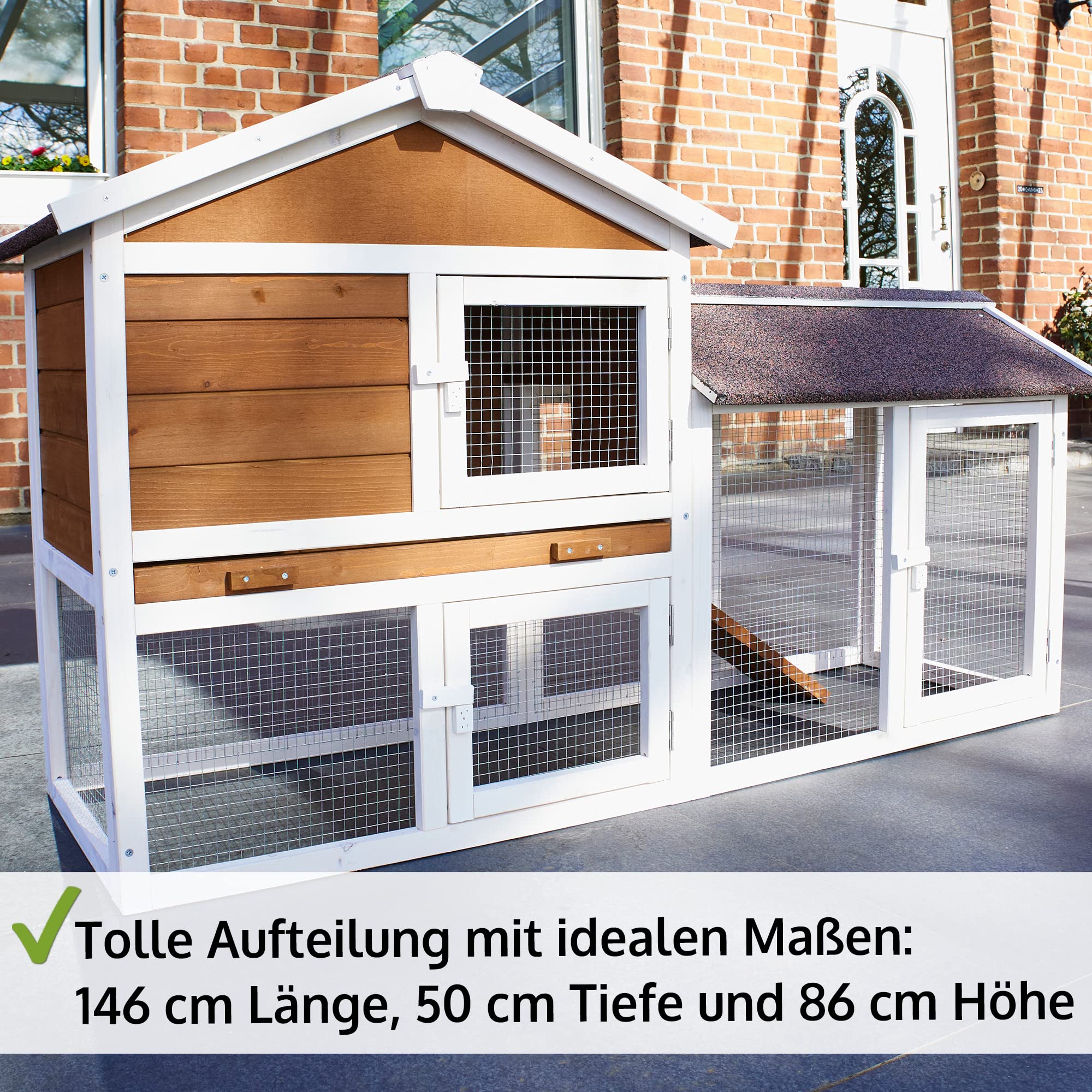 zooprinz Hasenstall mit Kotschublade – Vollholz braun-weiß | Kaninchenstall aus massivem Holz für draußen – Kleintierstall einfach zu reinigen, in natürlicher Farbe gestrichen
