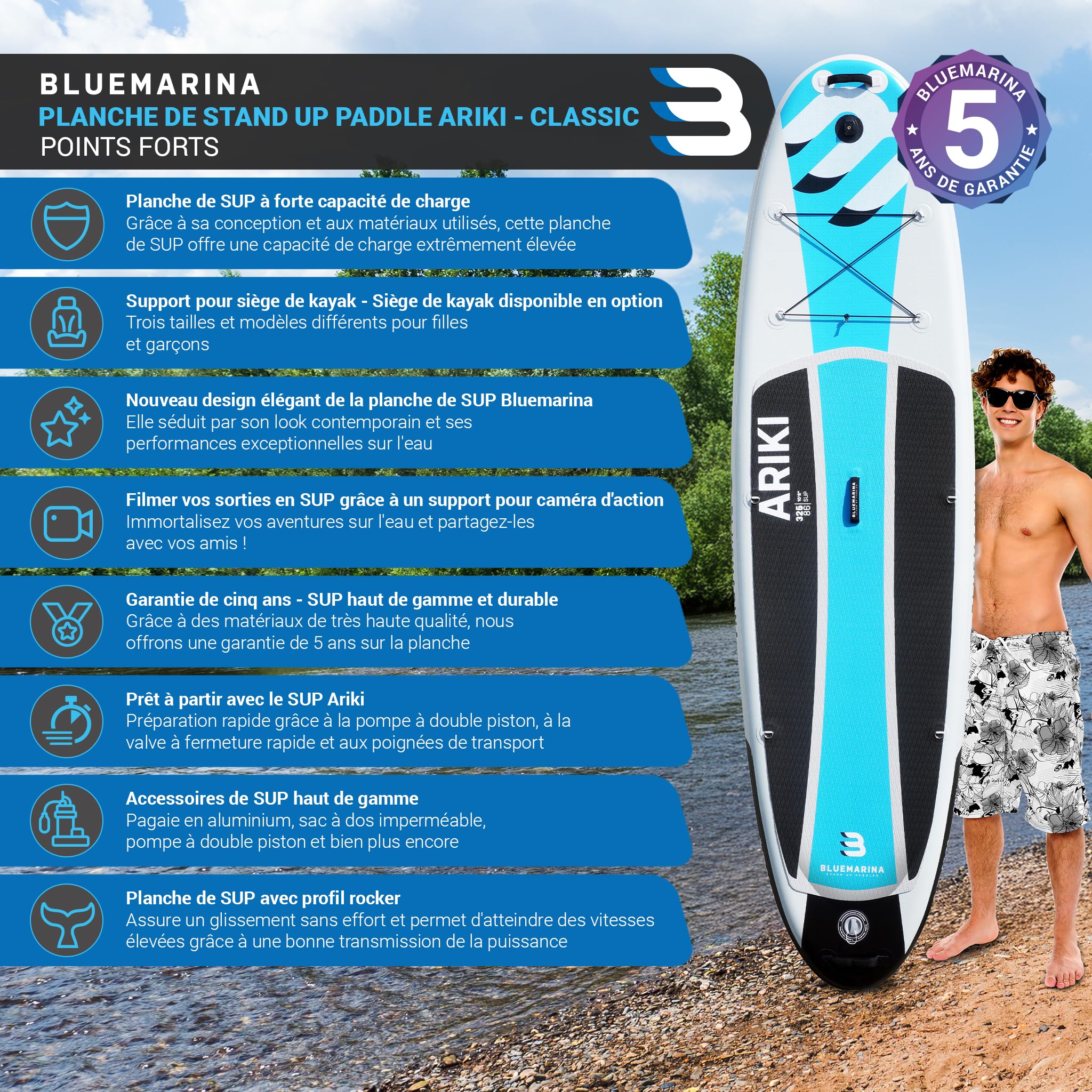 Bluemarina Planche de Stand Up Paddle Ariki Gonflable - Garantie DE 5 Ans - capacité de Charge jusqu'à 140 kg - Accessoires Inclus - 230x65x10 cm - 325x86x15 cm