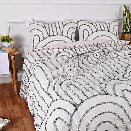 Miniatura 9 de Juego de 3 piezas de funda de edredón 100% algodón con textura copetuda a mano, con lazos en las esquinas y cierres de cremallera (beige (diseño 1),