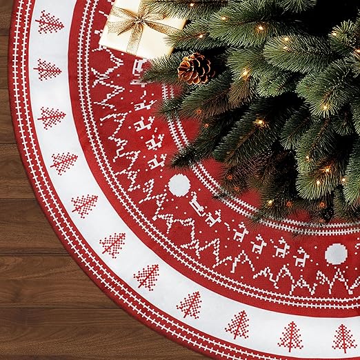 48 Inch Christmas Tree Skirt,Linen Red Tree Skirt,Thickened Tree Skirt for Christmas Tree Decorations,Red and White Christmas Tree Skirt Christmas Trees