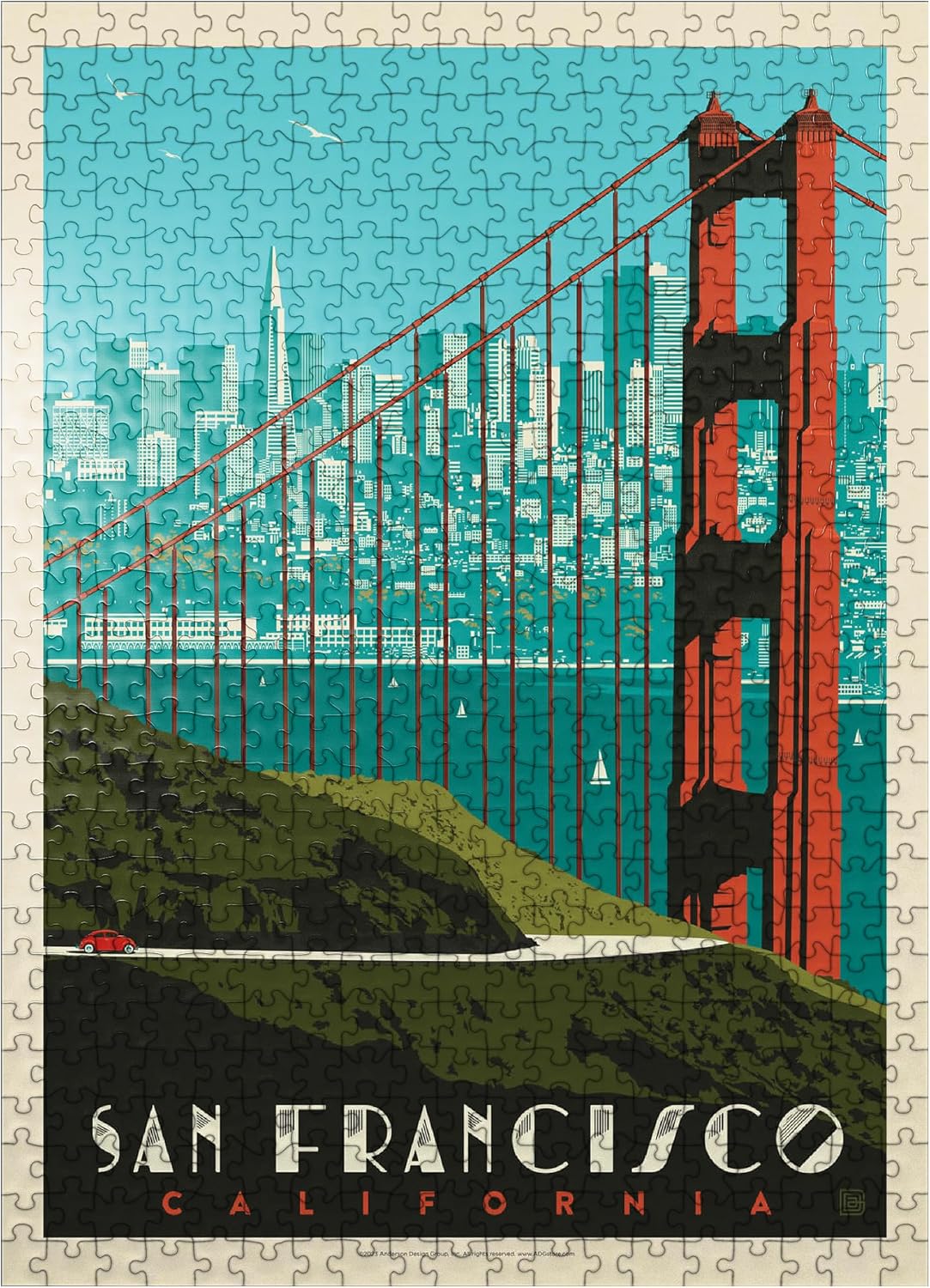MyPuzzle San Francisco: Golden Gate Bridge Skyline, Vintage Poster - Premium 500 Piece Jigsaw Puzzle for Adults