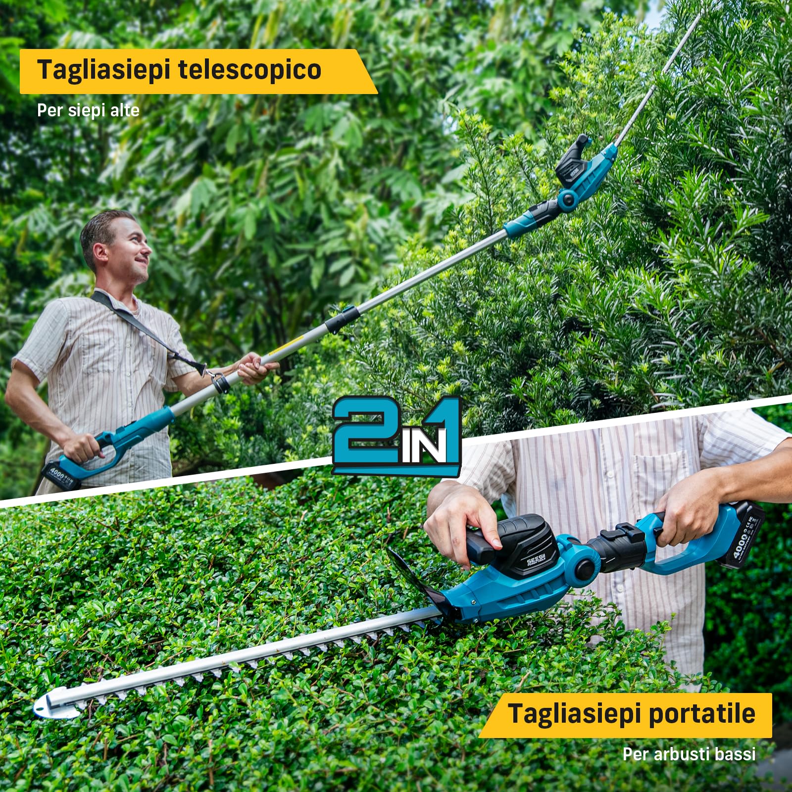 SEESII Tagliasiepi Telescopico a Batteria 2 in 1, Tagliasiepi a Batteria con Lama Doppia da 53 cm, Lunghezza Regolabile fino a 2,6 m, Taglio 18 mm, 2 Batterie 4,0Ah, per Siepi, Alberi e Arbusti