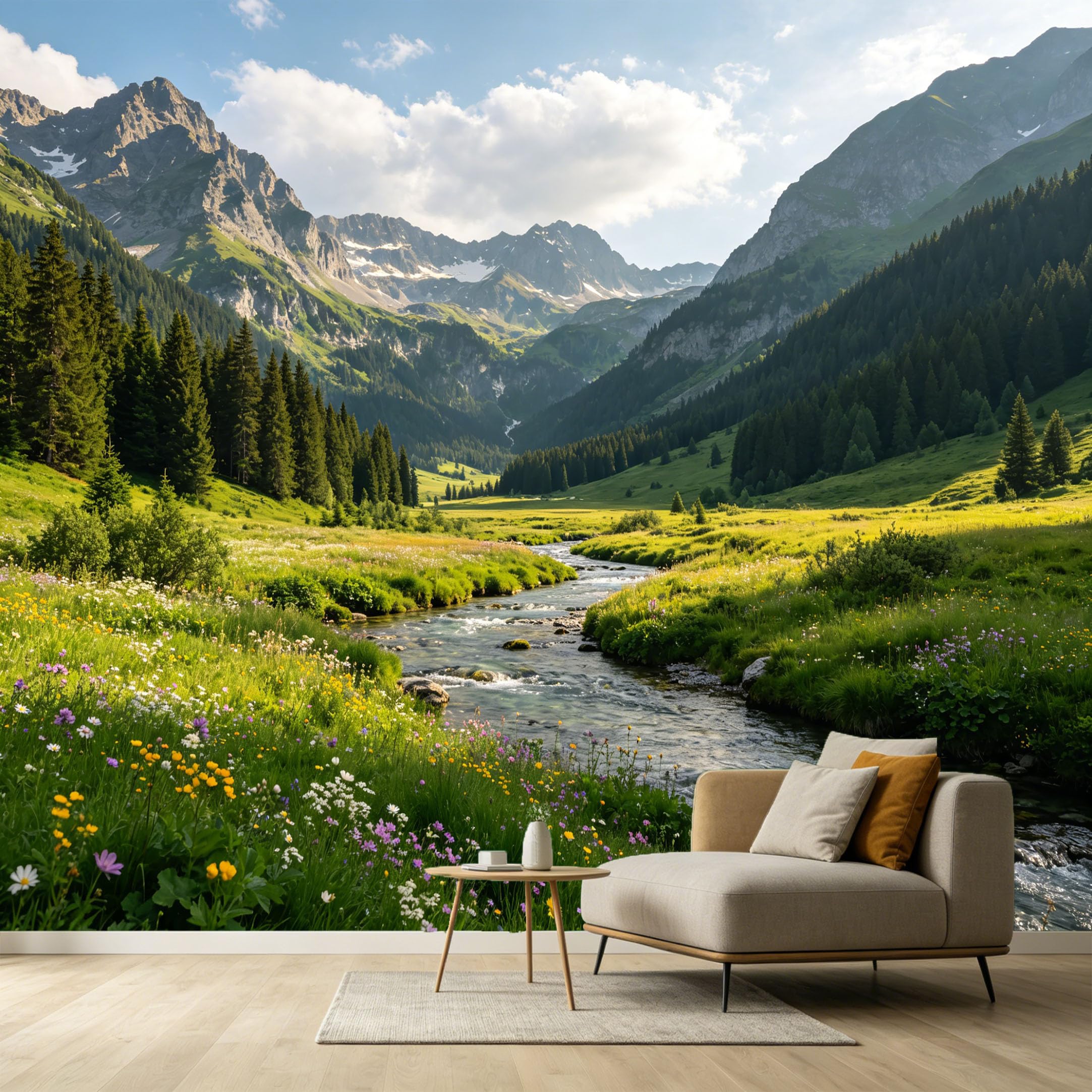 Custom Size Wall Murals Alpine Meadow River Mountain Landscape Forest View SelfAdhesive Wall Fabric Removable Large Wallpaper for Photo Living Room Interior