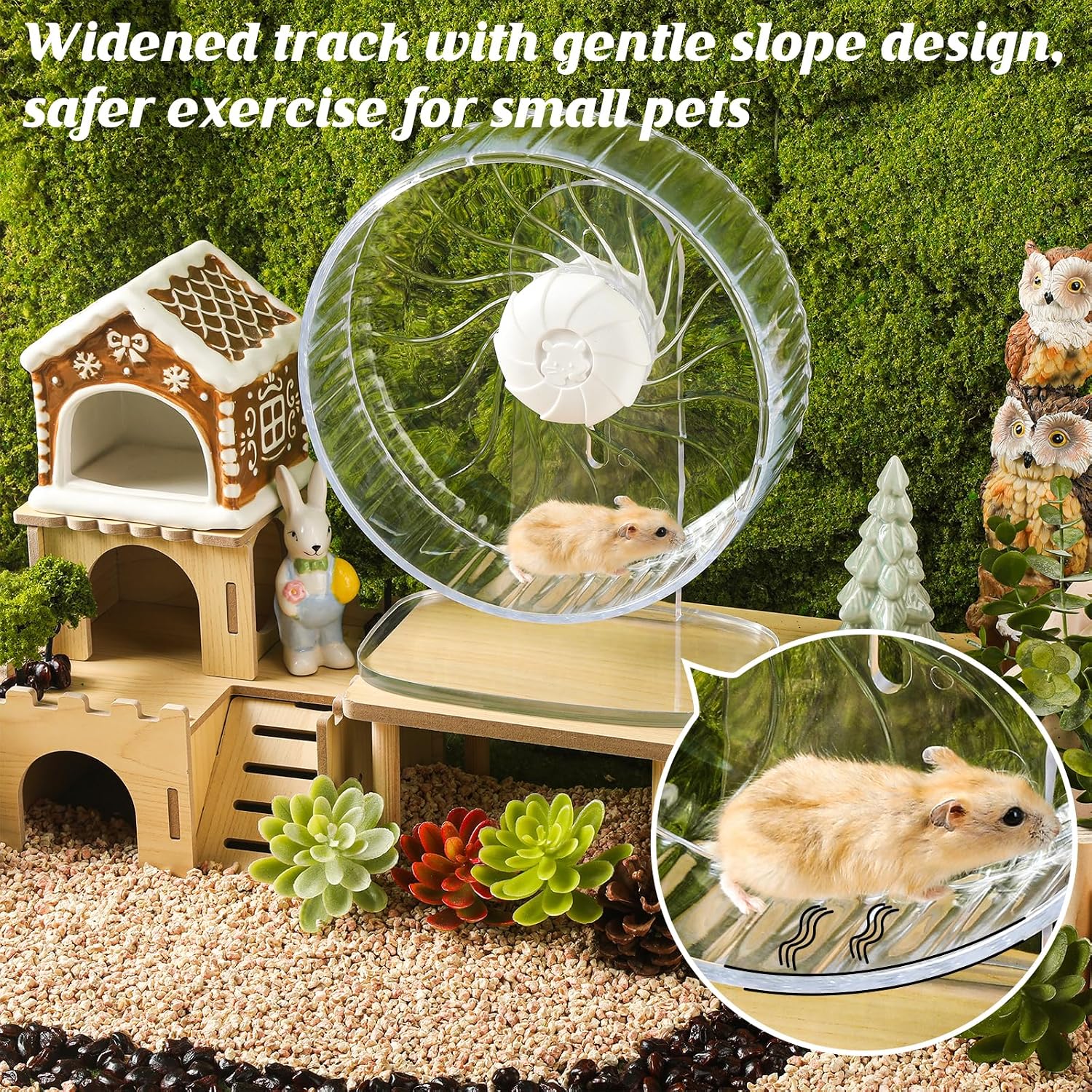 Silent Hamster Wheel, 8.3 Inch Clear Wheel for Dwarf Hamsters | Quiet clear wheel with adjustable stand and anti-slip track, sized for dwarf hamsters, mice, and other small pets.