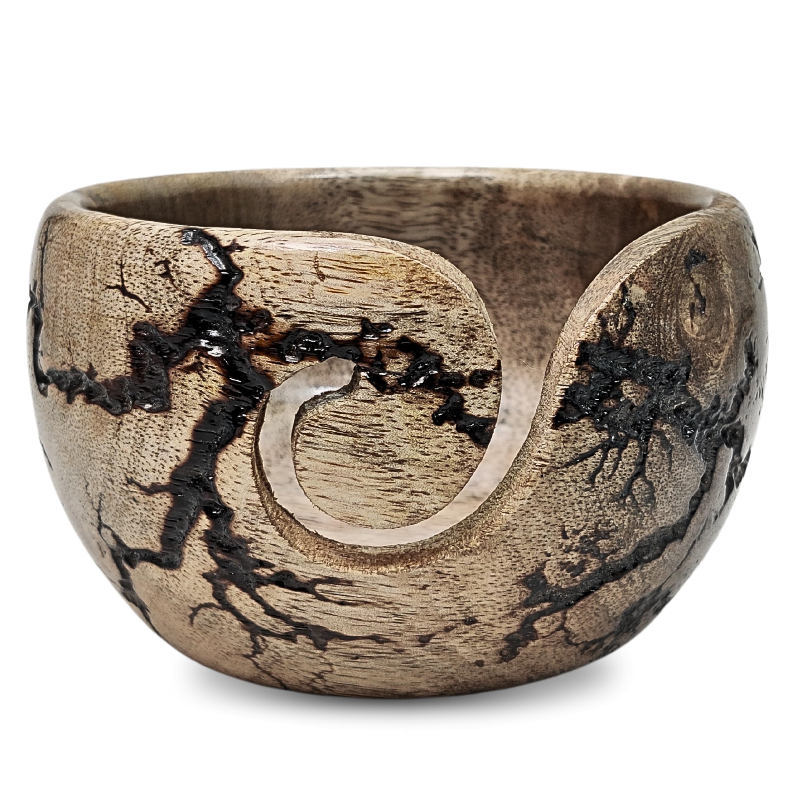 VETERIS Handcrafted Wooden Yarn Bowl - Large Decorative Lichtenberg Figure Crochet Bowl with Yarn Holder for Knitting & Crocheting