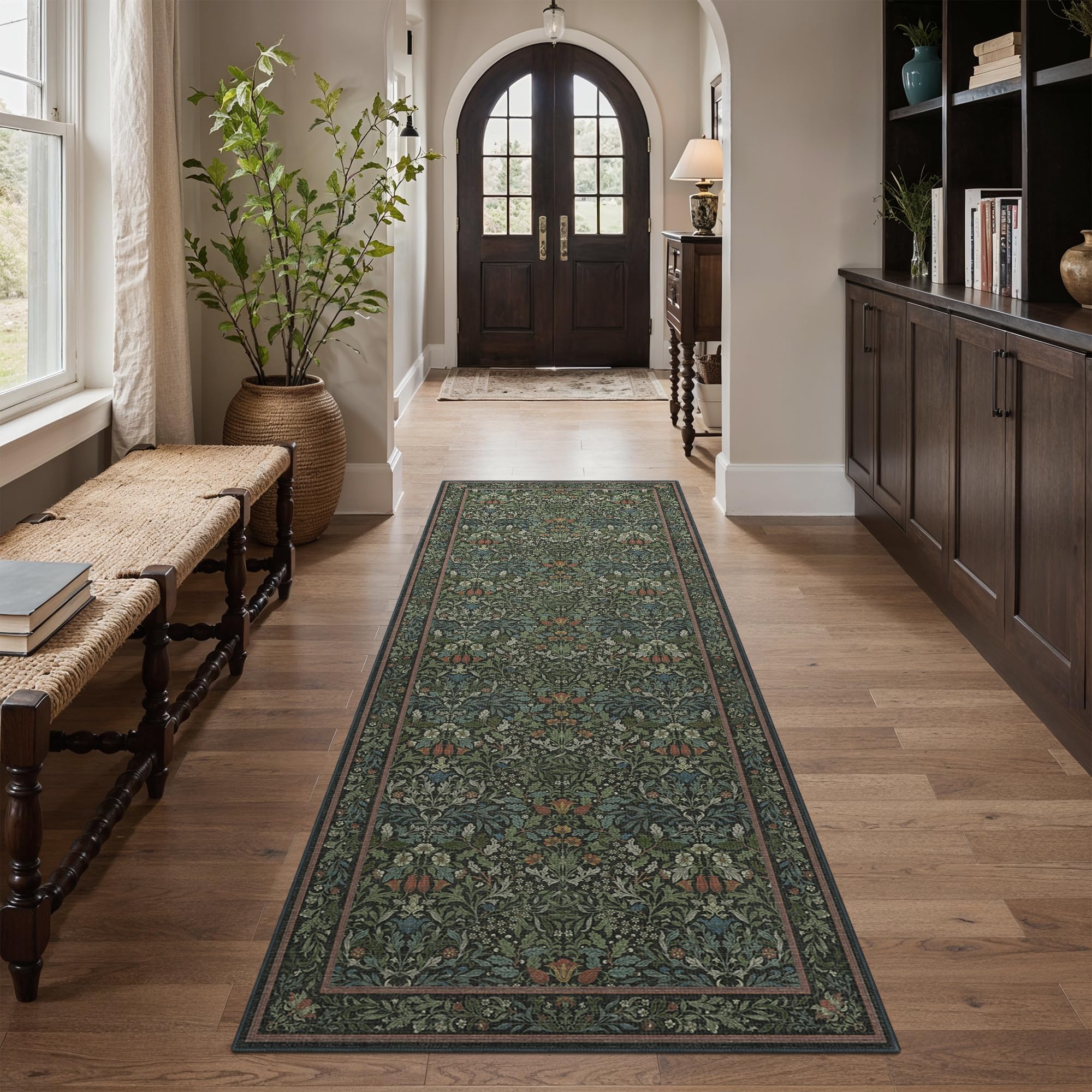 genimo 2.5x6 washable hallway runner rug, non slip, dark green | vintage floral stain resistant lightweight low pile rug for entryway, kitchen, bedroom and indoor decor