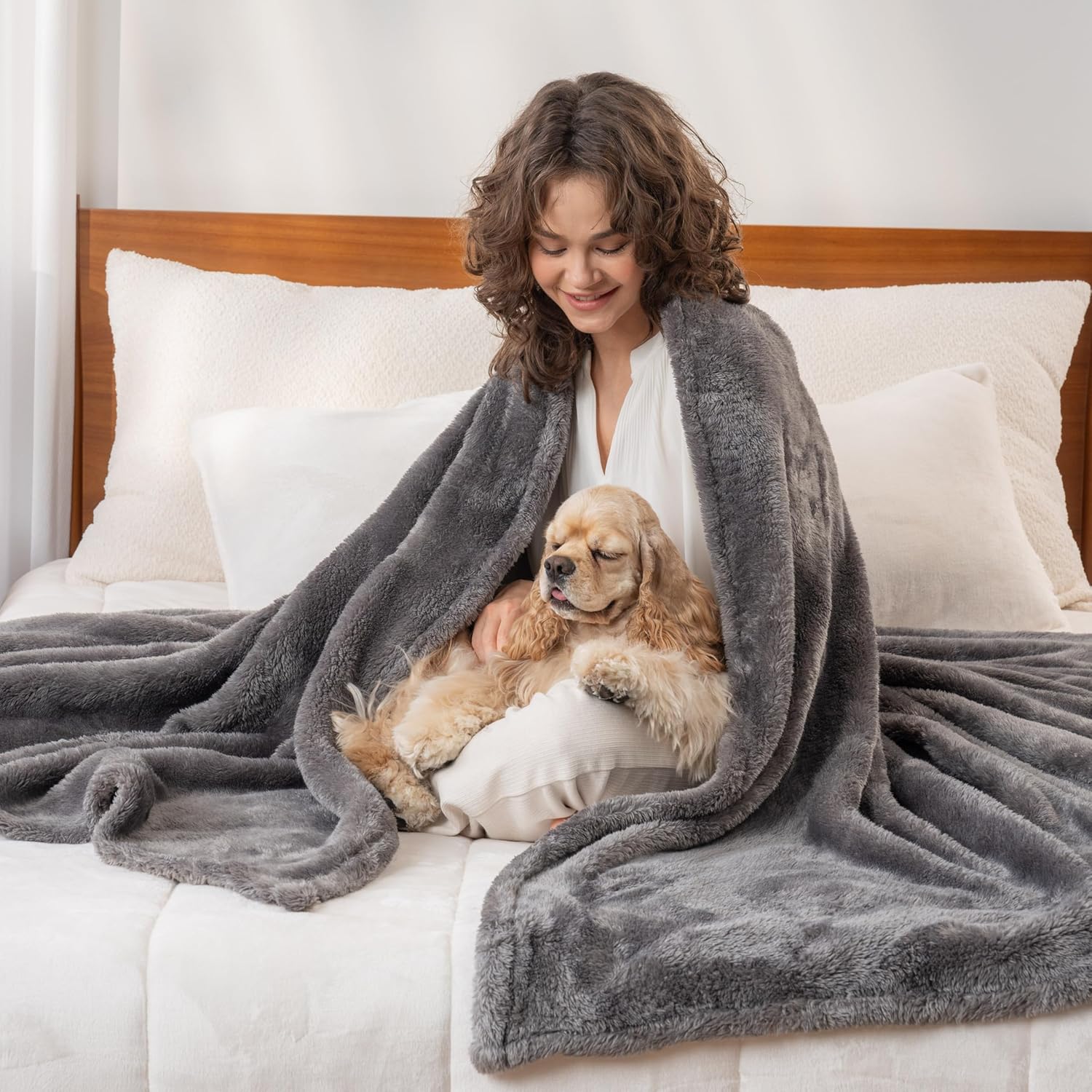 Berkshire Blanket Classic Extra-Fluffy™ Plush Blanket, Queen Size Bed Blanket, Soft Fuzzy Fluffy Long Hair Blanket for Couch Sofa Bed, Shadow Grey, 90x90 Inches - Image 5