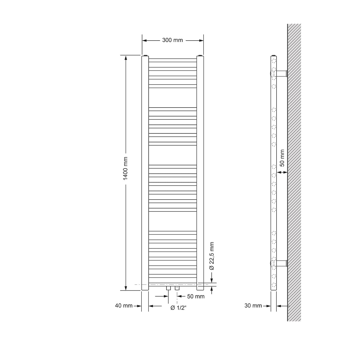 ECD Germany Radiador de baño Conexión Central 300 x 1400 mm Blanco Recto con Termostato y Juego de Conexión Esquina Universal y Forma de Paso Blanco Calefactor Secatoallas