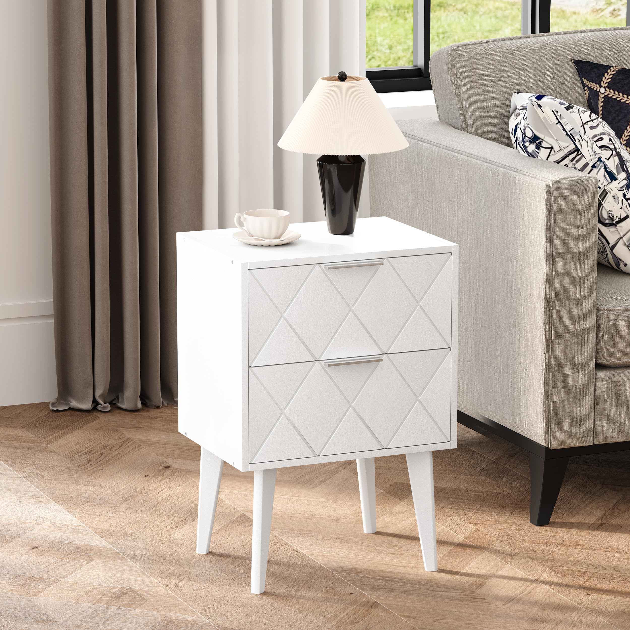 Mesitas de Noche Blancas con Dos Cajones Bedside Table | Estilo Moderno Y Elegante,Fabricado En Madera,Estructura Estable Sin Vibraciones,Para Salón Y Dormitorio