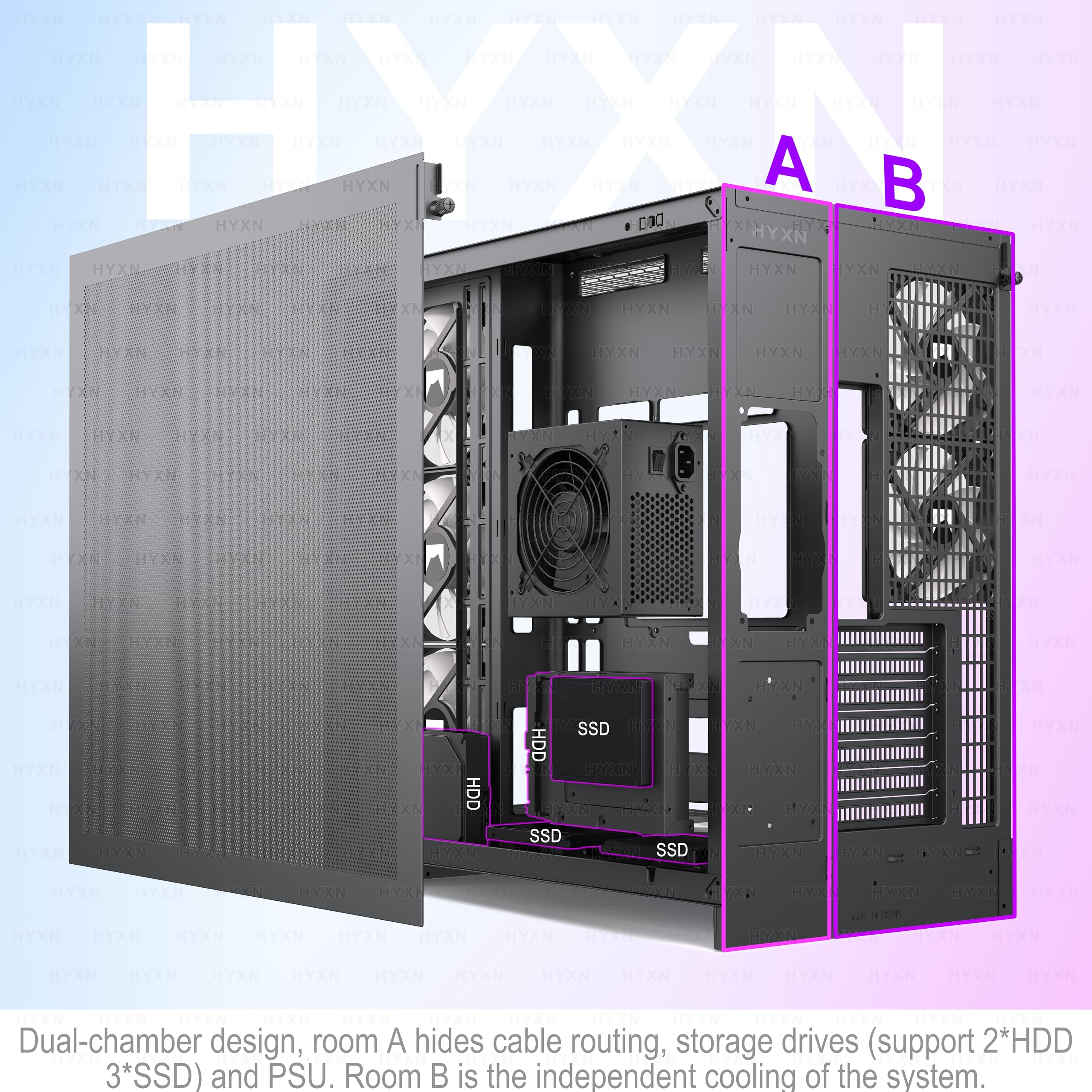 H2(2026) HYXN PC Gehäuse ATX mit 8 Lüfter(6X140 und 2X120) Groß Dual Kammer Mid-Tower Computer Gehäuse Airflow Gaming PC-Gehäuse,Unterstützt 420mm-Wasserkühler,Gaming Gehäuse (Schwarz, H2)