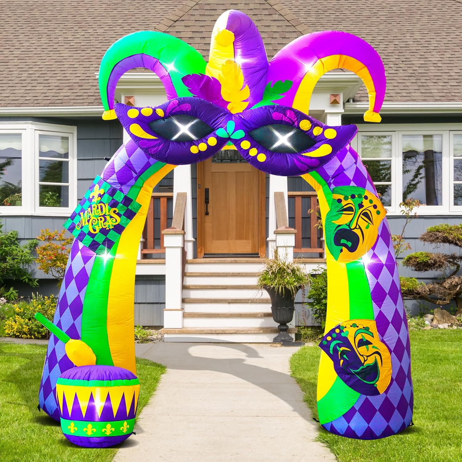 9.5FT Tall Mardi Gras Inflatables Archway Yard Decoration Built-in LED Lights for Fat Tuesday, Lenten Season Party Indoor, Outdoor, Garden, Lawn Decor