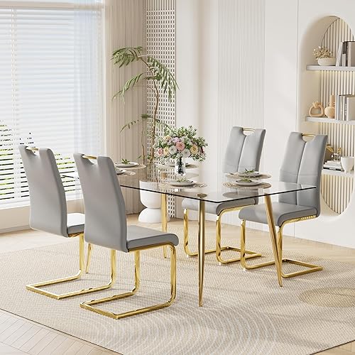 Miniatura 17 de Juego de mesa de comedor moderno de 51" de 7 piezas para 6, mesa rectangular de cristal con 6 sillas tapizadas en cuero, capacidad para 6 personas,