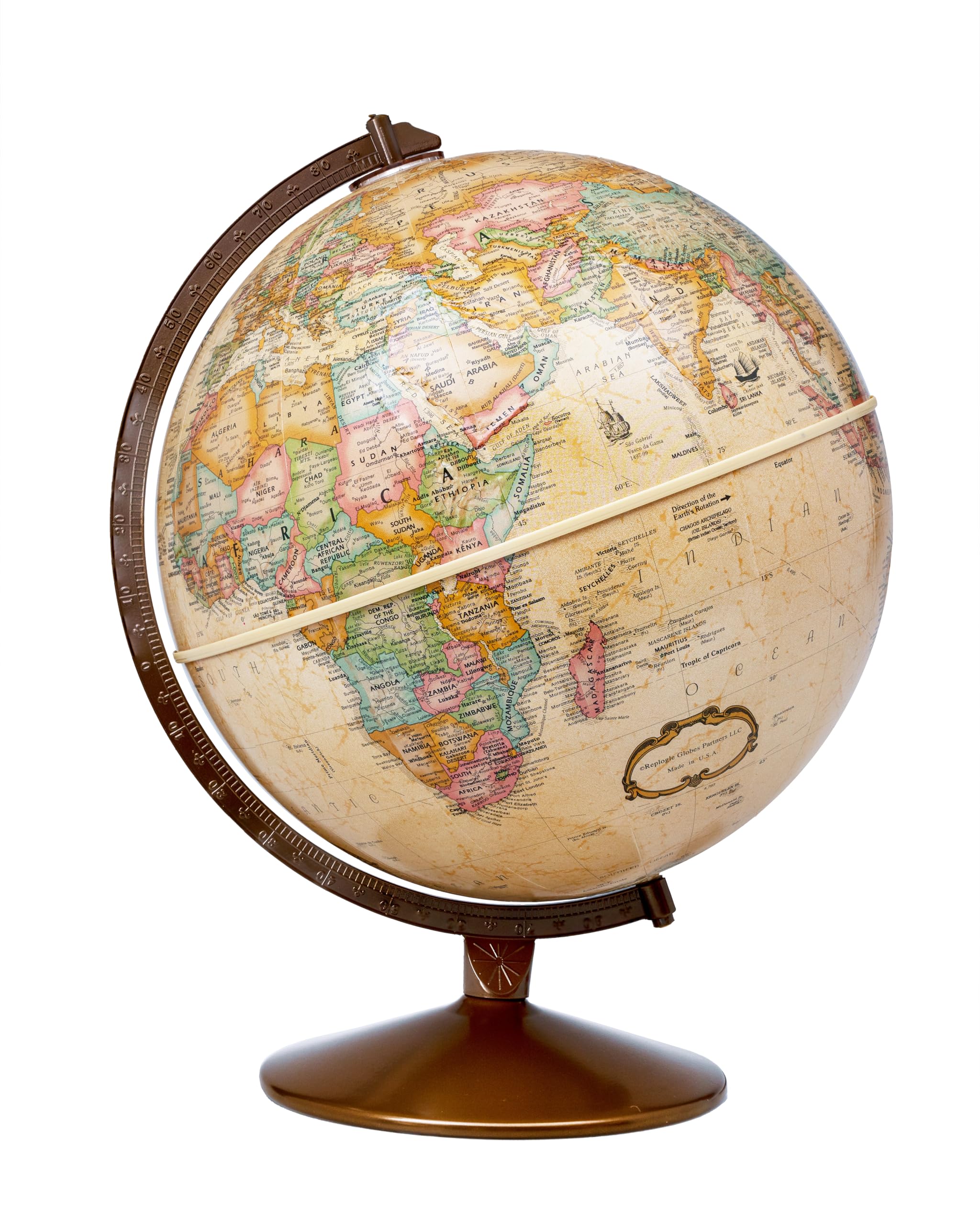Replogle Globes Franklin World Globe, Antique Ocean, 12-Inch Diameter, Raised Relief (3-Dimensional Relief of Major Mountain Ranges). This Easy to assemble globe features over 4000 place names including political borders and provincial borders, shipping routes, detailed lakes, rivers, tributaries and canals. Held by a sturdy metal stand.