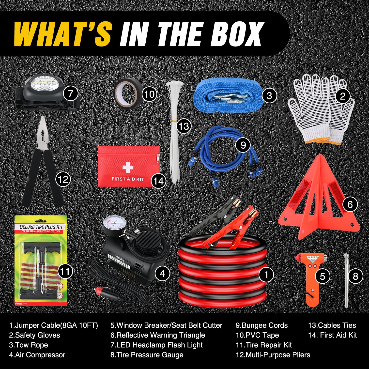 Nilight Kit di emergenza per auto con cavo di avviamento, compressore d'aria, riparazione pneumatici, strumento necessario, spina a coccodrillo di primo soccorso, kit elettrico per viaggi, campeggio,