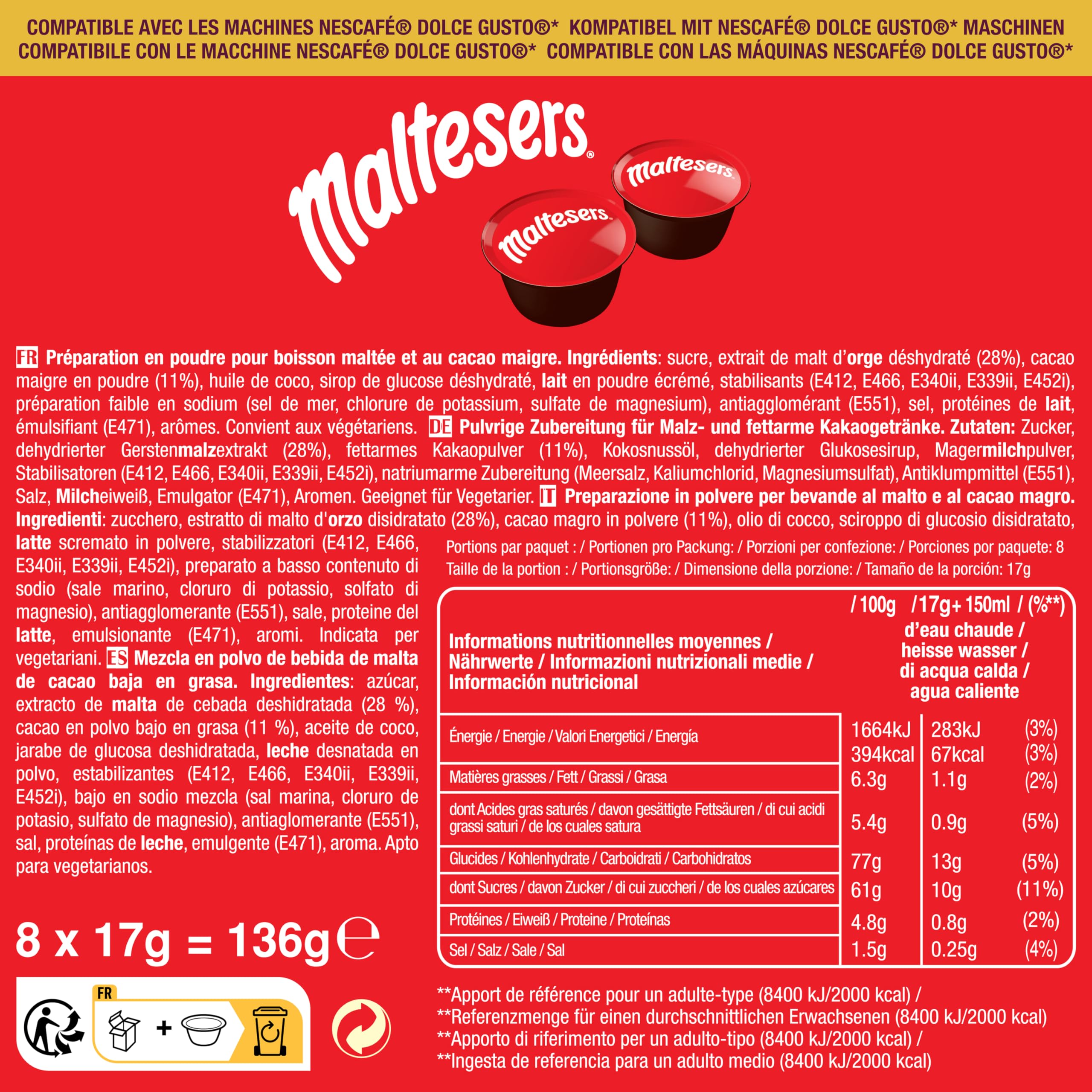 Cápsulas de Chocolate Caliente Compatibles Dolce Gusto Mars Twix Milkyway 24 Unidades