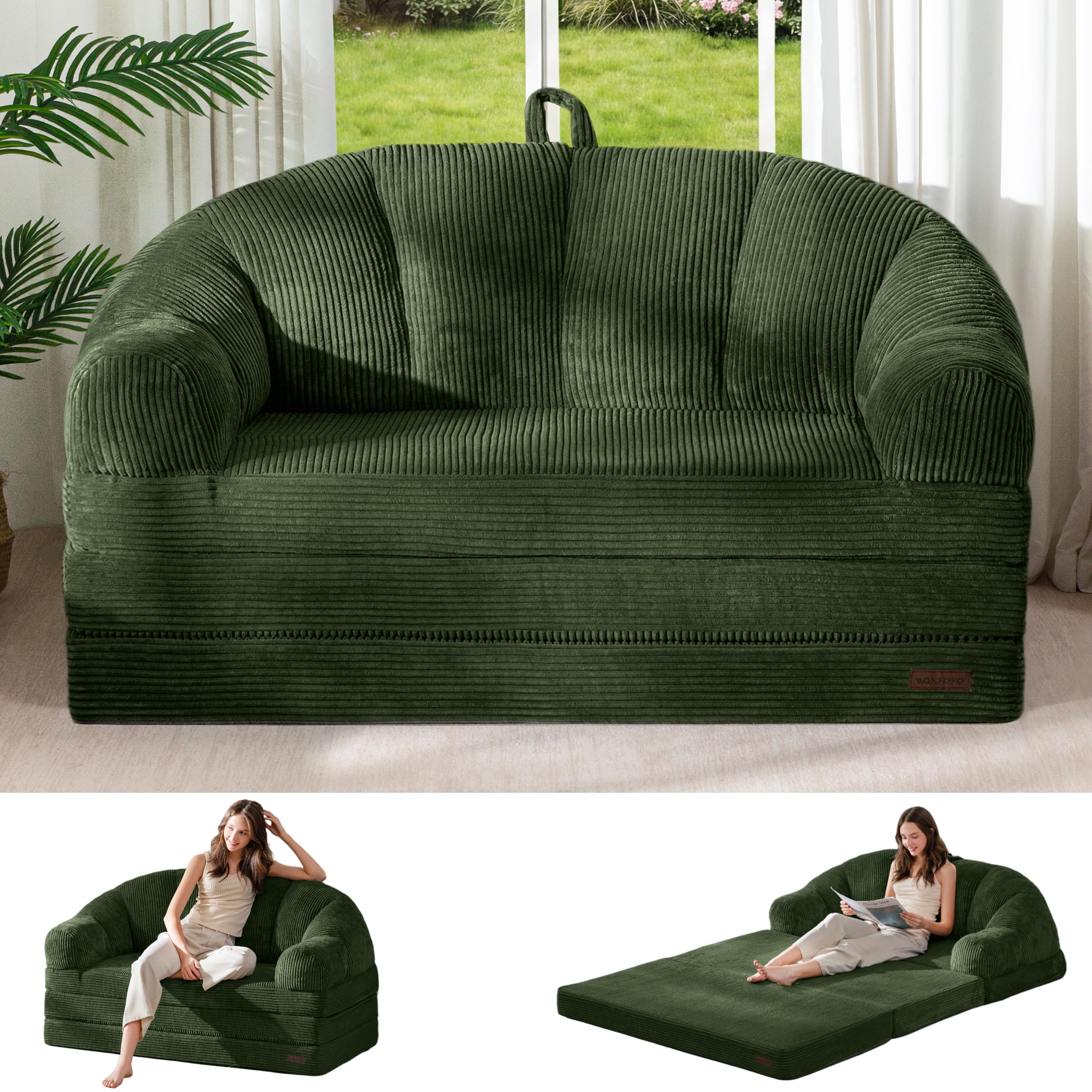 MAXYOYO Folding Sofa Bed with Backrest, Boneless Fold Out Couch Bed with Handle, 2 in 1 Convertible Bean Bag Chair to Floor Sofa Lounger, Folding Couch for Bedroom & Living Room, Dark Green, Loveseat