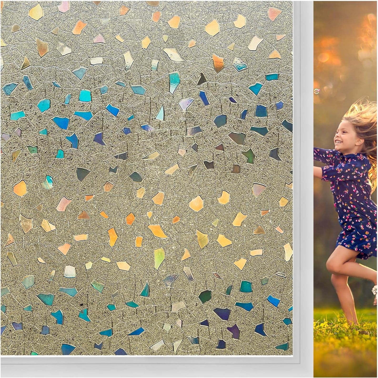 CoavasStained Glass Window Privacy Film 3D Rainbow Decorative Heat Control UV Blocking Non-Adhesive Removable Vinyl Film Window Tint for Bathroom Door Covering, Brown, 17.5 x 118.1 inch