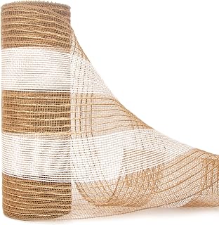 Ribbli Jute Burlap Mesh Ribbon,10 inch x 30 feet(10Yard), Natural and White Stripe with Jute and Cotton Thread, Christmas Ribbon for Wreath Swags and Christmas Tree Decoration