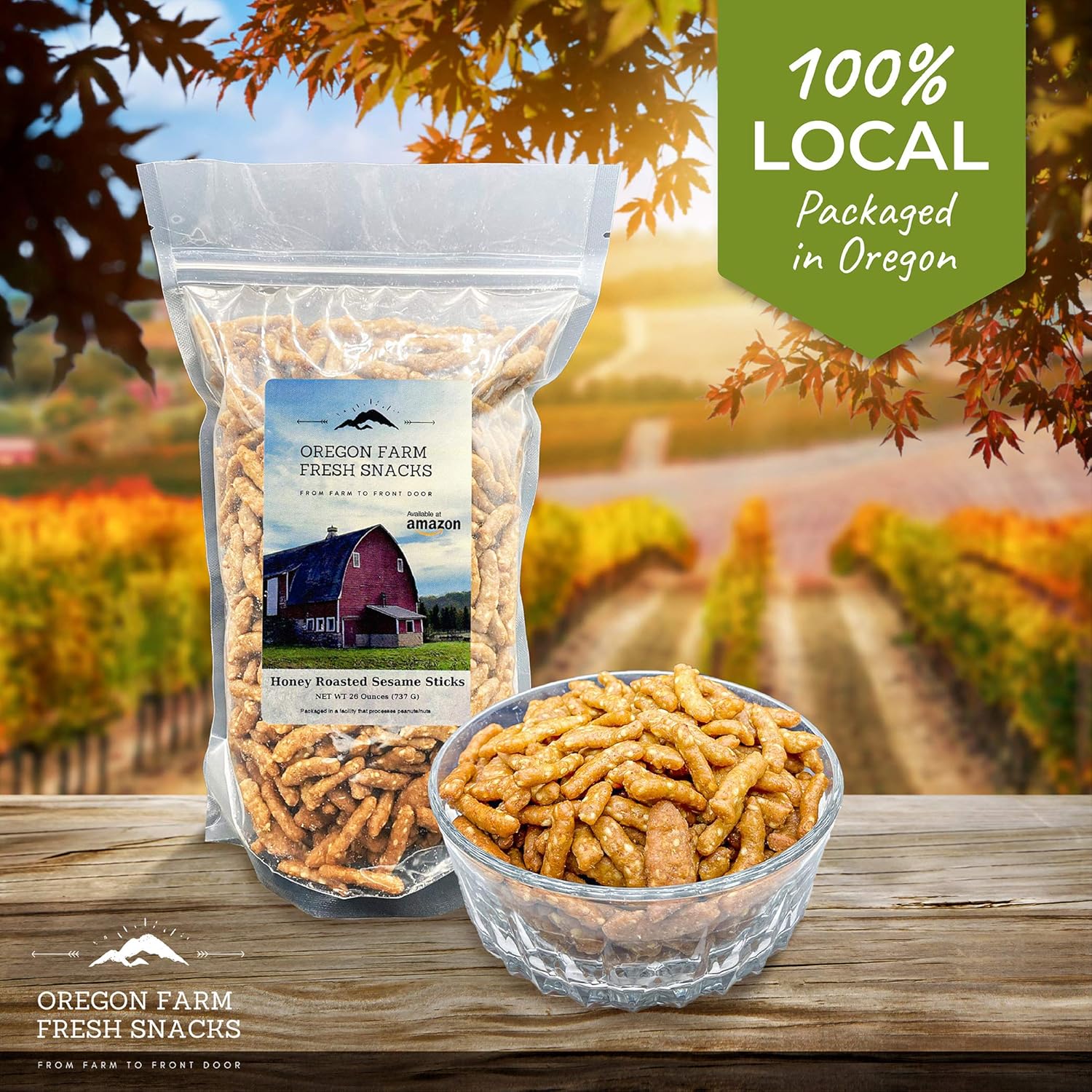 Oregon Farm Fresh Snacks Honey Roasted Sesame Sticks - Sweet & Salty Sesame Snacks In Reusable Bag - Perfect For Trail Mix & Salads - USA Made (26oz) (Pack of 2)