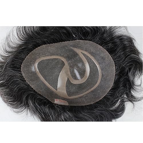 Miniatura 8 de Dreambeauty Toupee para hombre 10 × 8 "cabello humano 1B mezcla 20% pelo sintético gris piel fina postizo sistema de reemplazo de pelo base de red