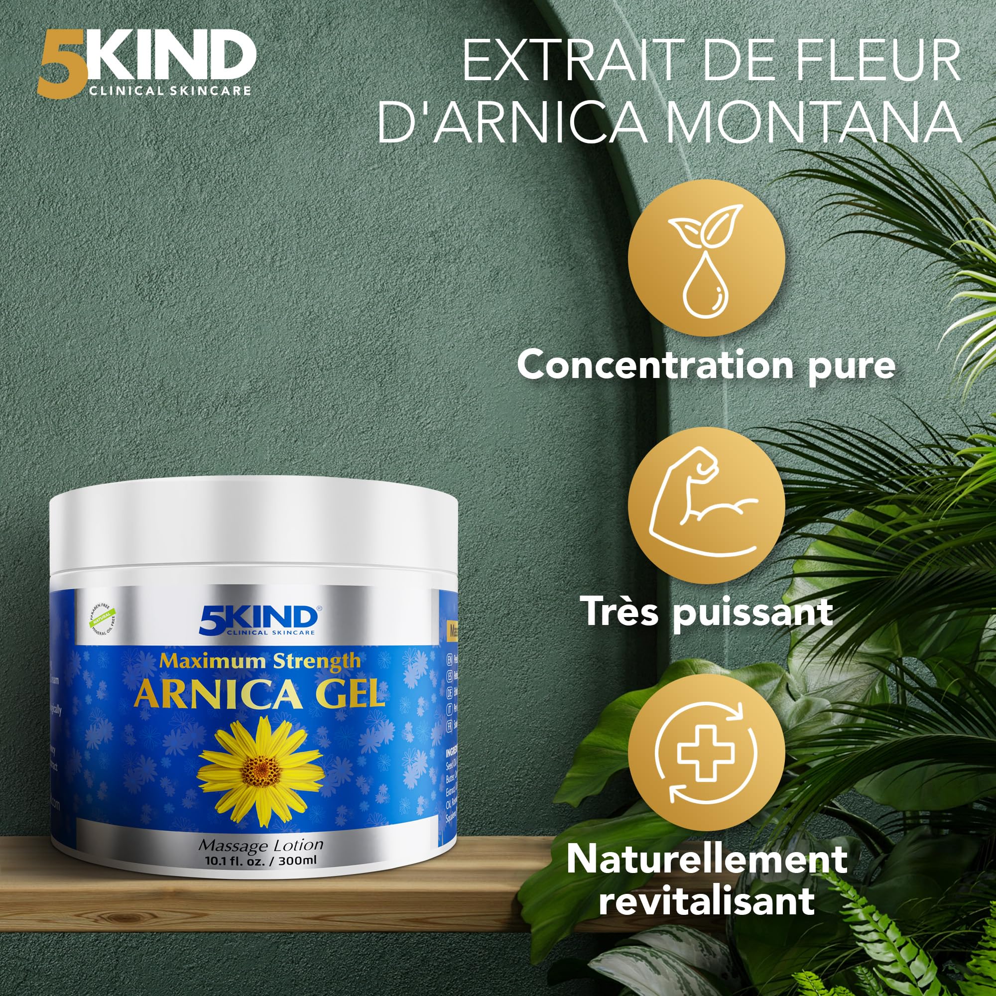 5kind Gel Arnica Extra Fort 300 ml – Gel à l’Arnica à Action Rapide – Gel Revitalisant à l’Extrait d’Arnica Montana