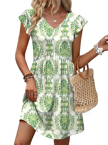 OFEEFAN Summer Dresses for Women Beach Vacation Clothes V Neck Ruffle Sleeve Babydoll Dress