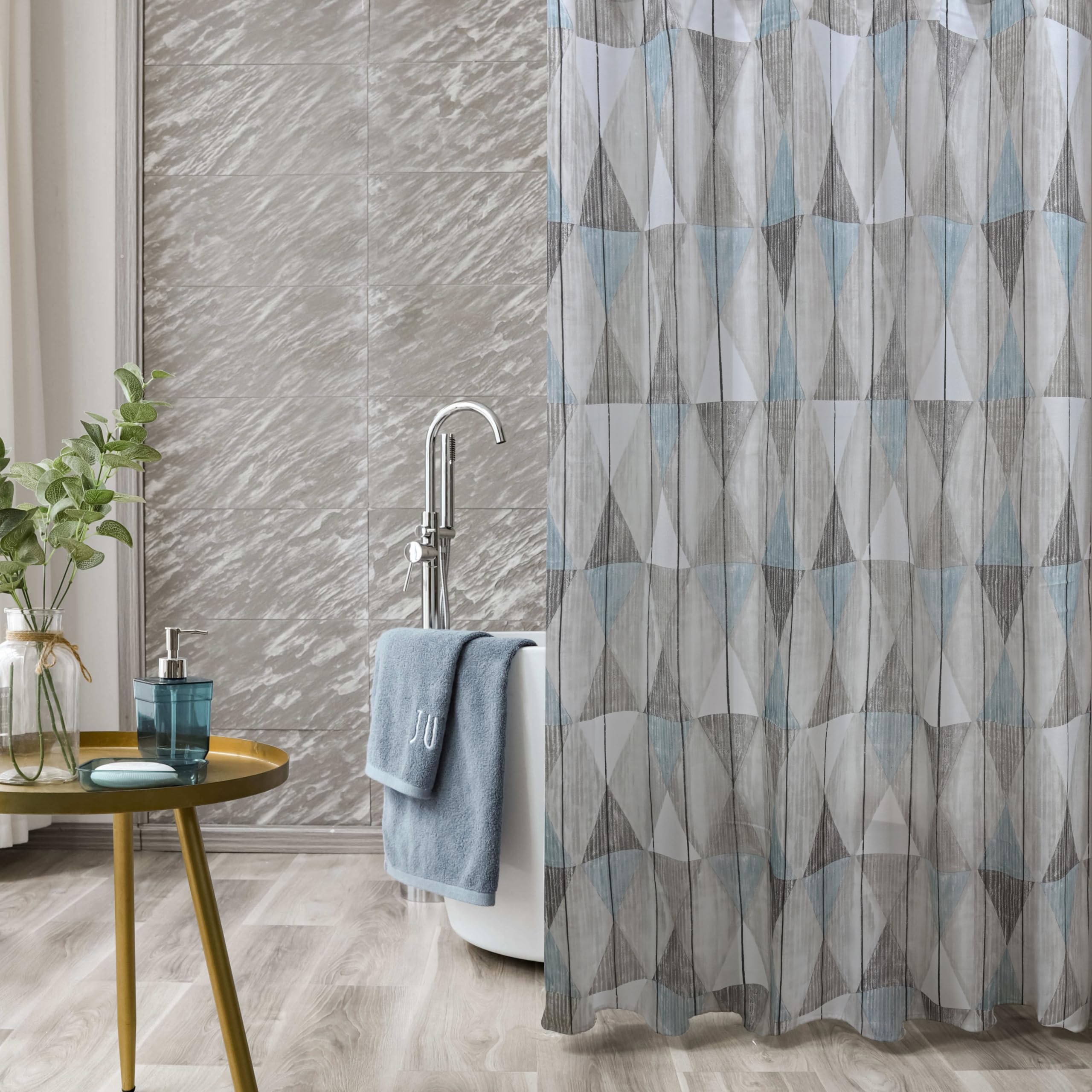 YIAOYAU Water-Repellent Fabric Shower Curtain for Bathroom, Machine-Washable (78.5X78.5 INCH), Mordern Geometric Pattern, Light Grey Background and Embellish with Light Blue Color.