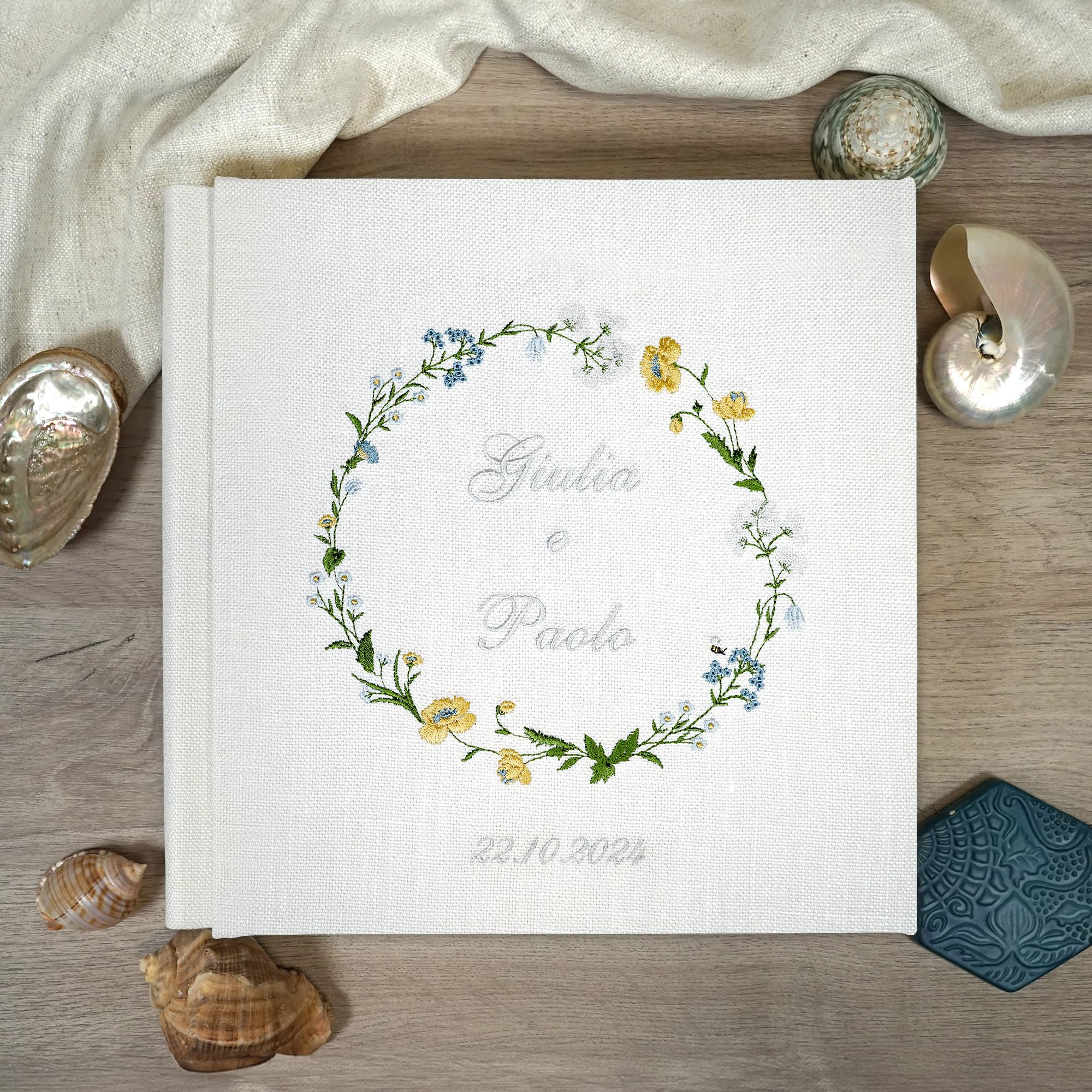 Álbum de fotos bordado, Álbum personalizable - para fotos para pegar - fotos polaroid - Tapa de lino - 60 páginas marfil con papel de seda (Lino, 30x30 60 pagine)