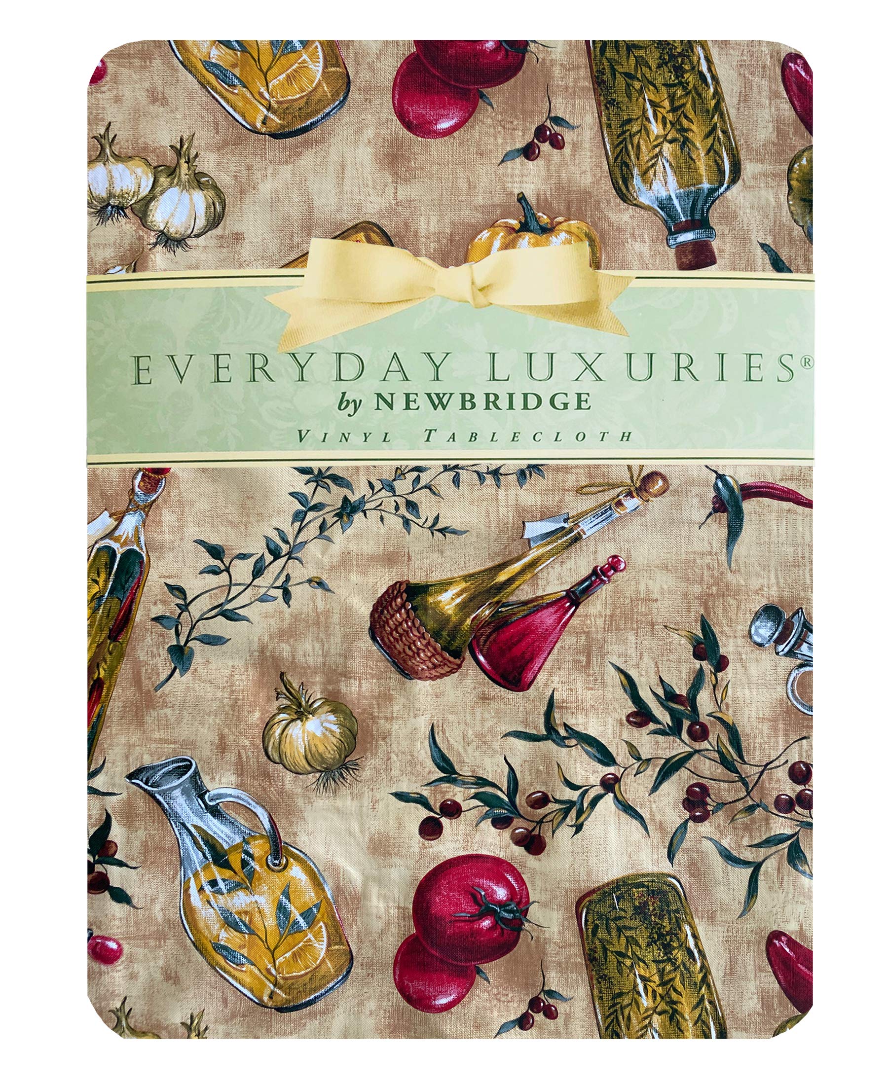 Newbridge Tuscan Oil and Vinegar Vinyl Flannel Backed Tablecloth, Tuscany Olive Oil Bottle Vinyl Tablecloth with Flannel Backing, 52 Inch x 70 Inch Oblong/Rectangle