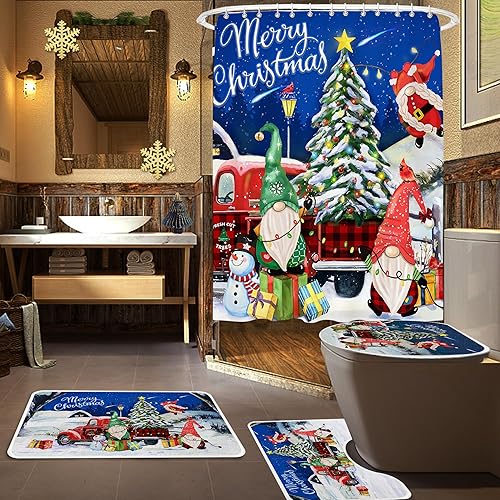 Miniatura 5 de Juego de cortinas de ducha de Navidad, juegos de baño de Navidad con cortina de ducha y alfombras, 4 piezas, decoración de baño, alfombra