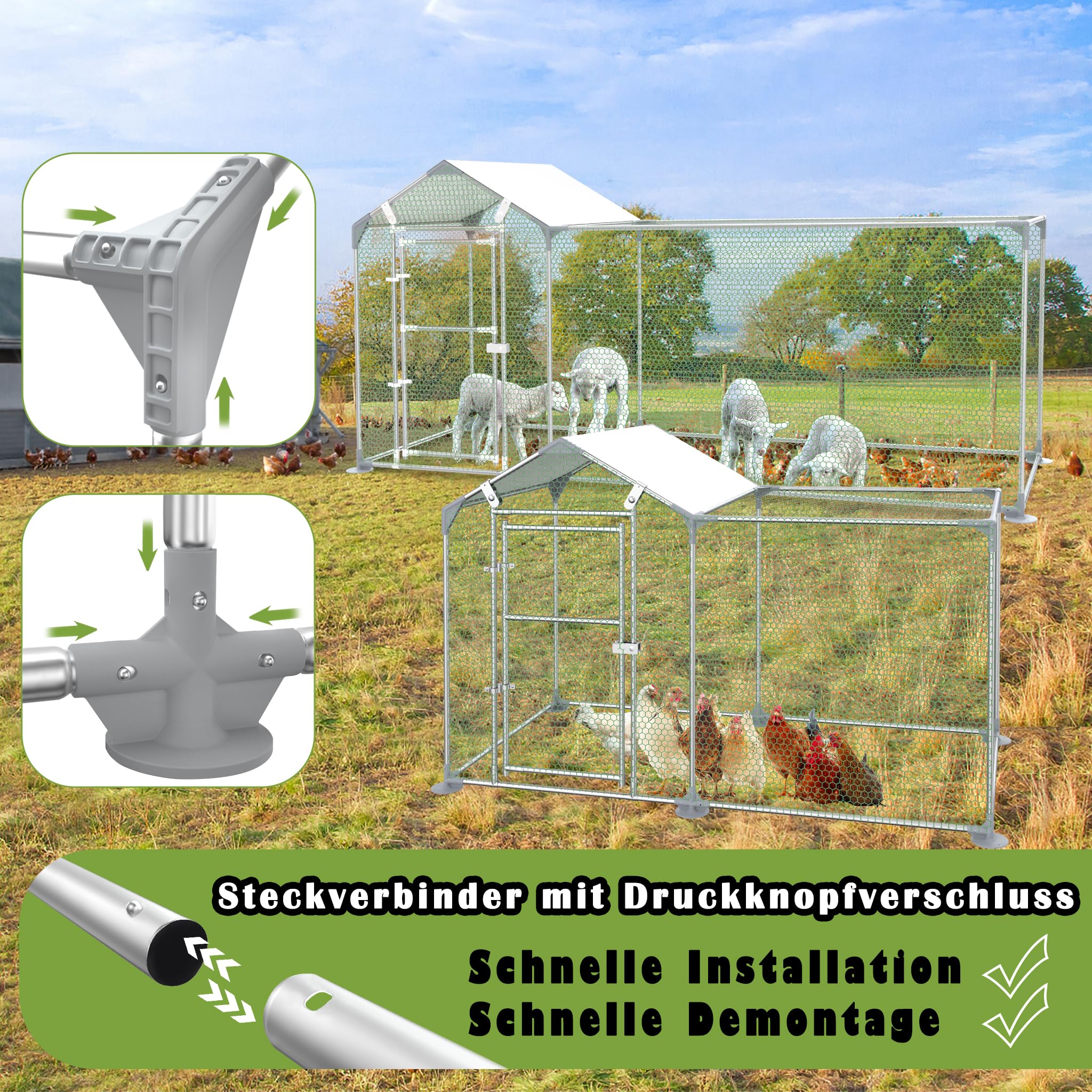 NAIZY Hühner Freilaufgehege mit Schloss, Hühnerstall 2 m x 1 m Hühnerhaus Verzinkter Stahlrahmen mit PE Sonnenschutzdach Kleintierstall, für Hühnerkäfig Geflügelstall Vogelkäfig